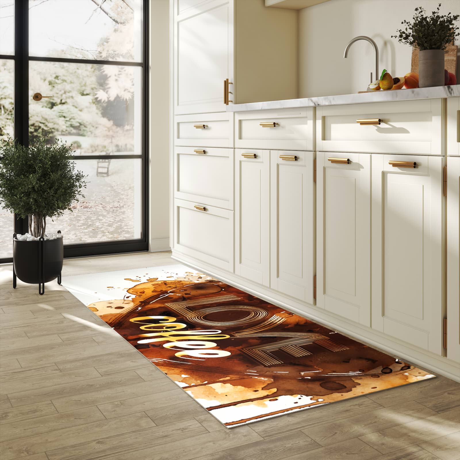 Geräuschdämpfender waschbarer Küchenteppich mit Motiv Kaffeeherz in heller Küche