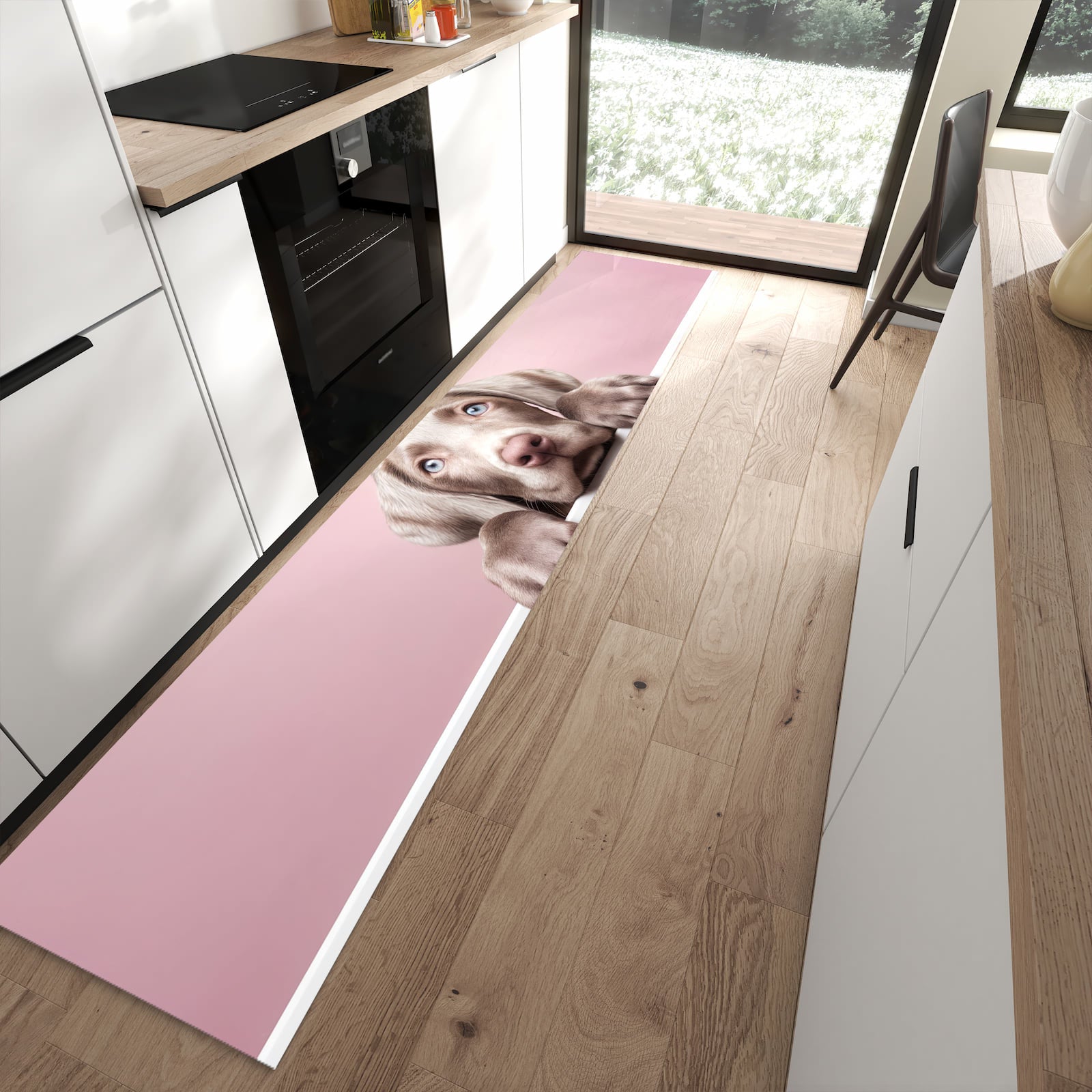 Küchenteppich mit Motiv Niedlicher Welpe für angenehme Haptik in moderner Küche