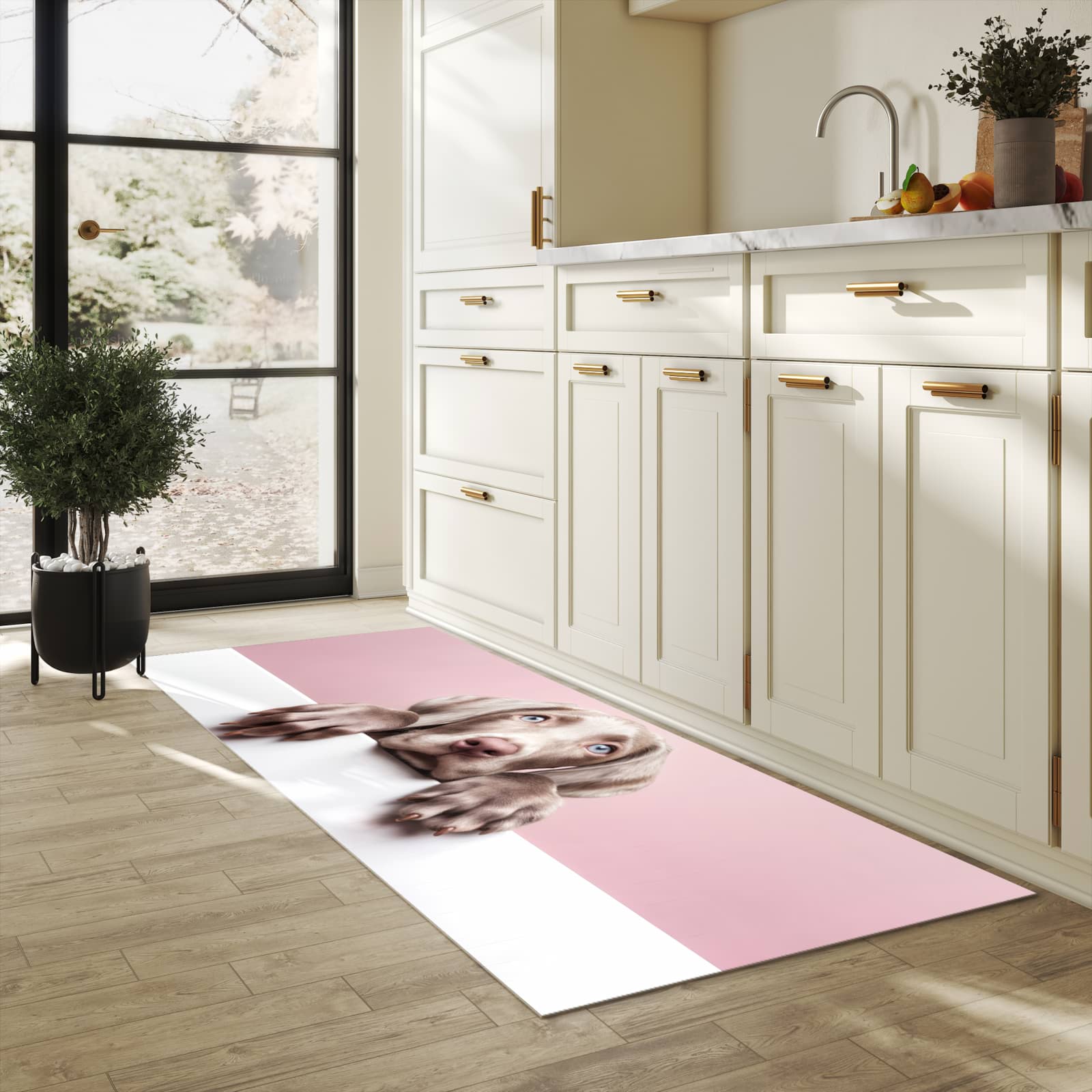 Hygienischer rutschfester Küchenteppich mit Motiv Niedlicher Welpe in heller Küche