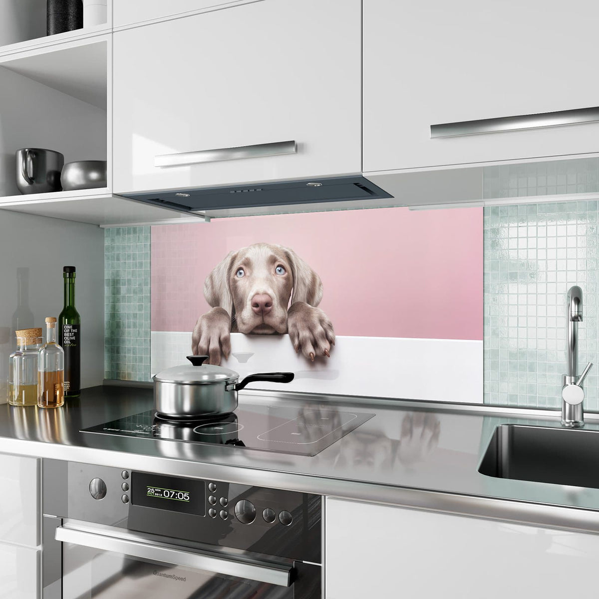 Küchenrückwand aus Glas Weimaraner Welpe im Hochformat als Spritzschutz hinter dem Kochfeld, über dem Fliesenspiegel montiert