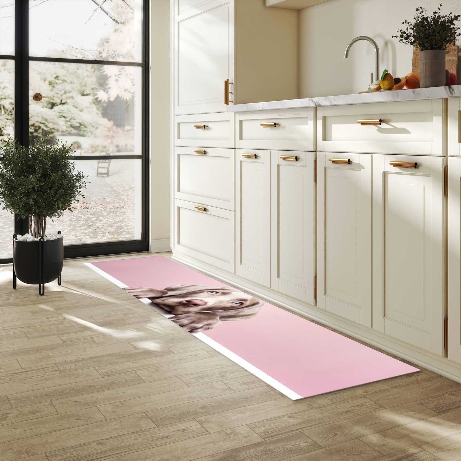 Geruchsneutraler Küchenläufer mit Motiv Niedlicher Welpe in heller Küche