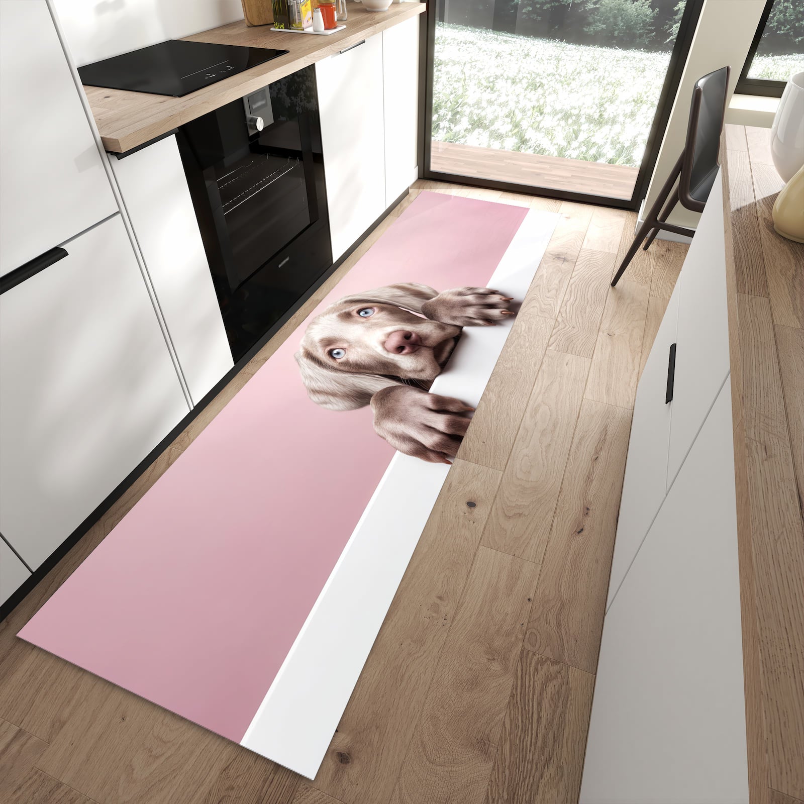 Langlebiger Küchenläufer mit Motiv Niedlicher Welpe in moderner Küche