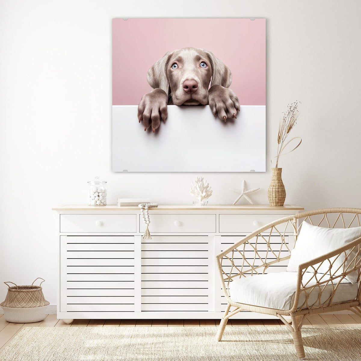 Echtglas, 4 mm – kein Acryl, keine Folie – Wandbild - Weimaraner Welpe - Quadratisch