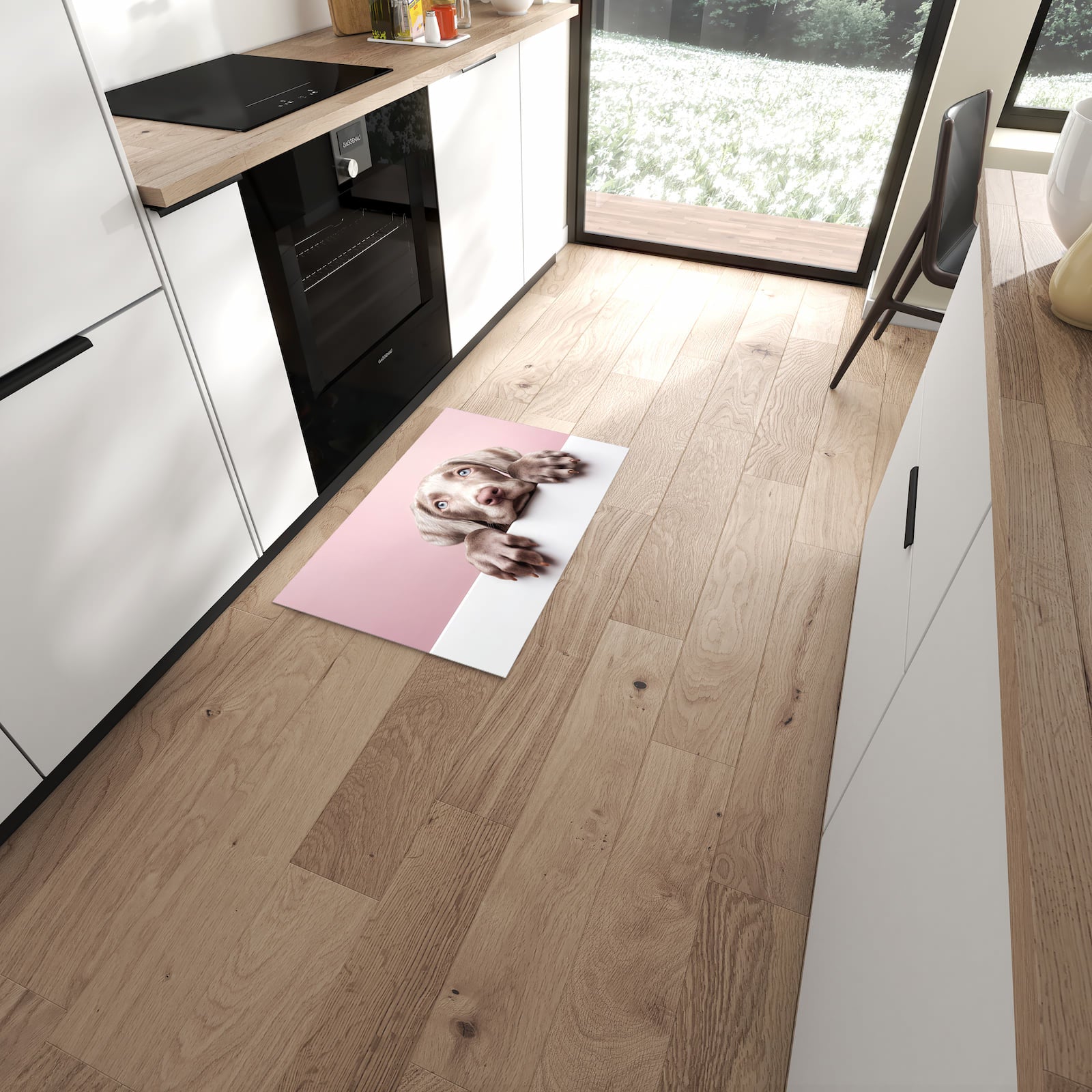 Hygienischer Küchenteppich mit Motiv Niedlicher Welpe in moderner Küche