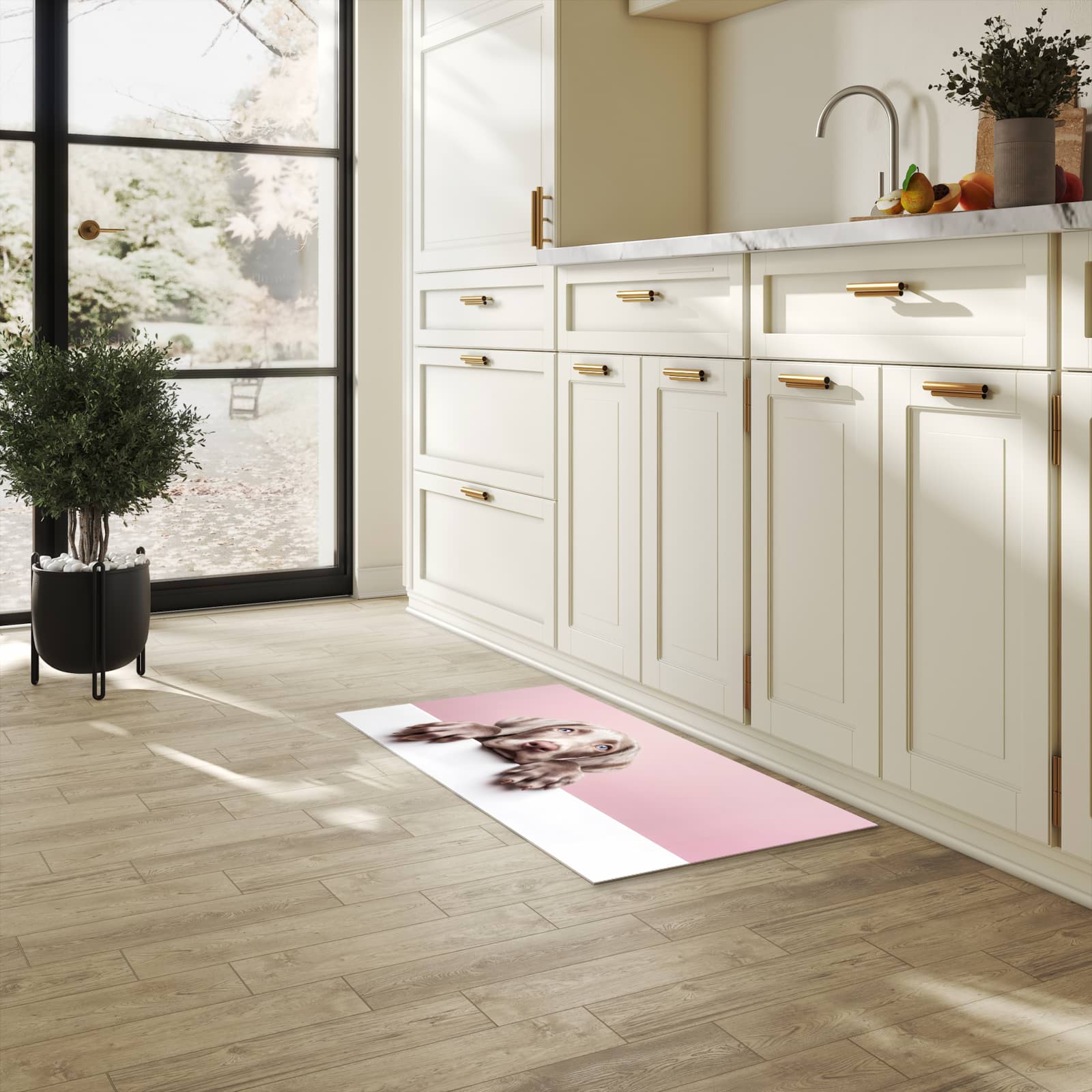 Küchenteppich mit Motiv Niedlicher Welpe für Trittkomfort in heller Küche