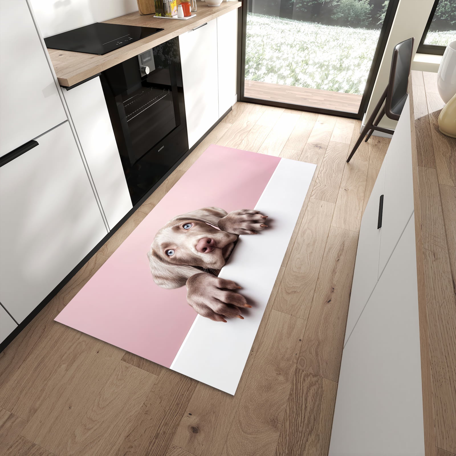 Feuchtigkeitsresistenter Teppichläufer mit Motiv Niedlicher Welpe in moderner Küche