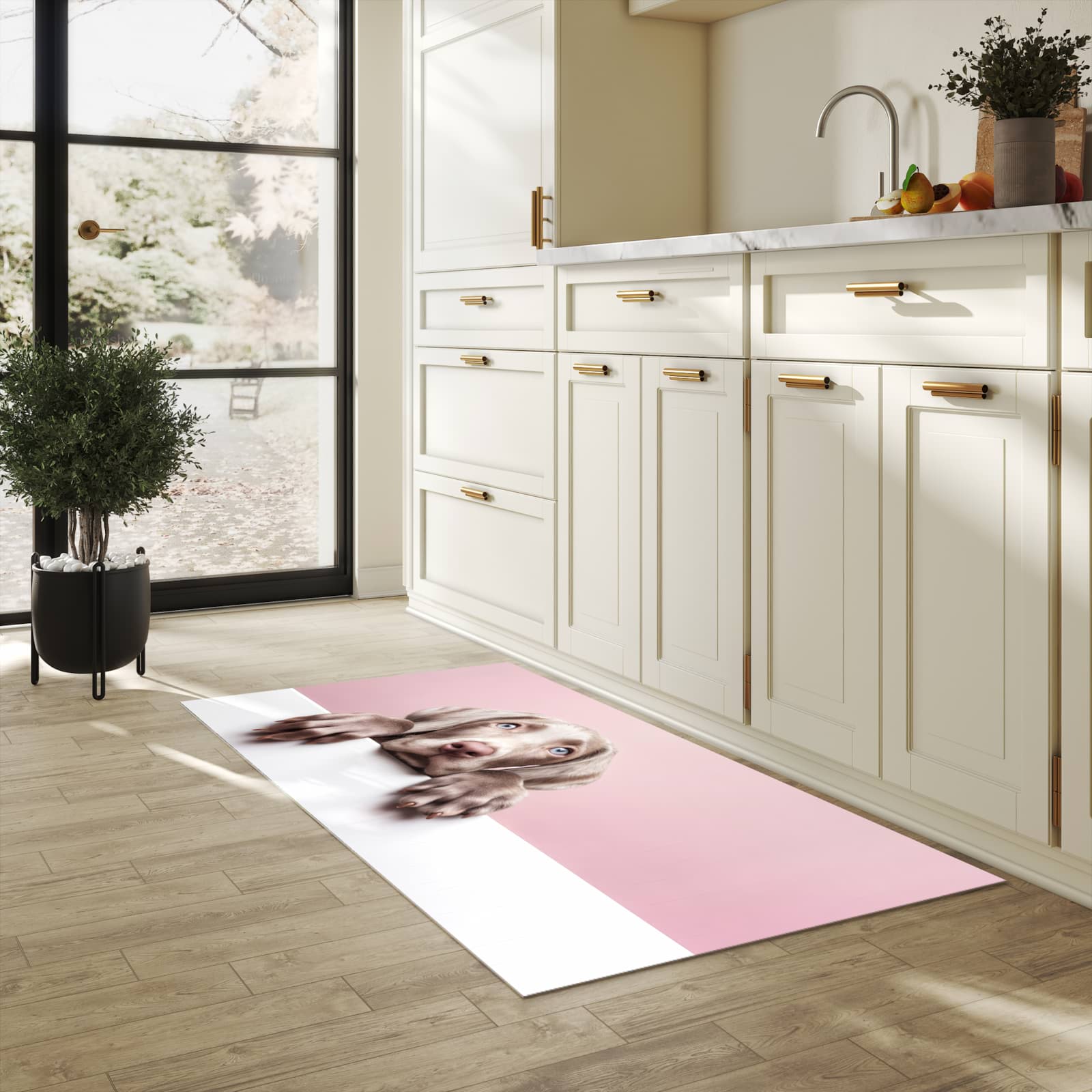 Dünner Küchenteppich mit Motiv Niedlicher Welpe in heller Küche für angenehme Haptik
