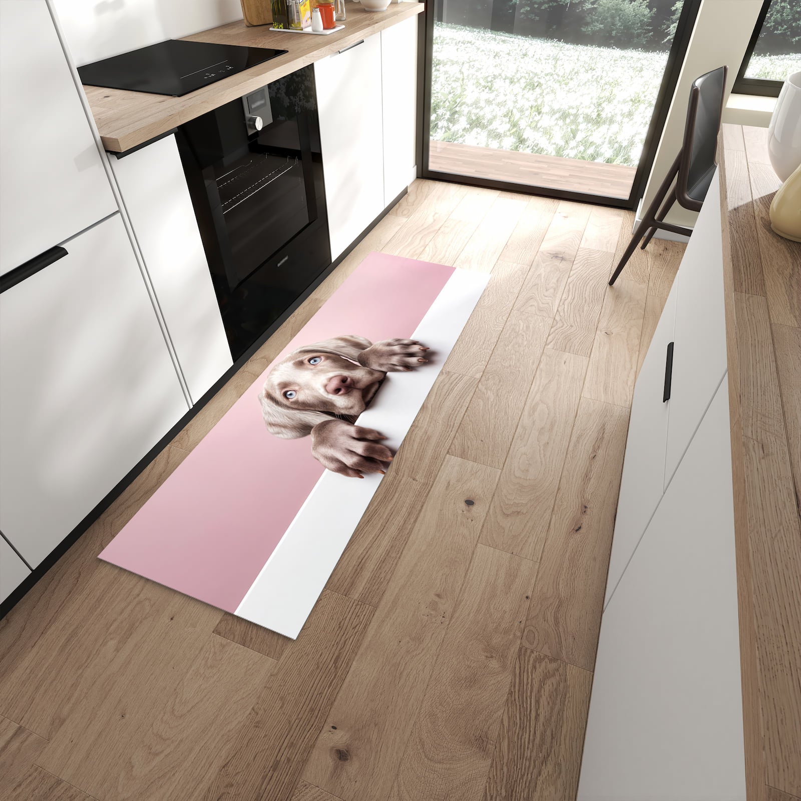 Komfortabler Küchenteppich mit Motiv Niedlicher Welpe in moderner Küche