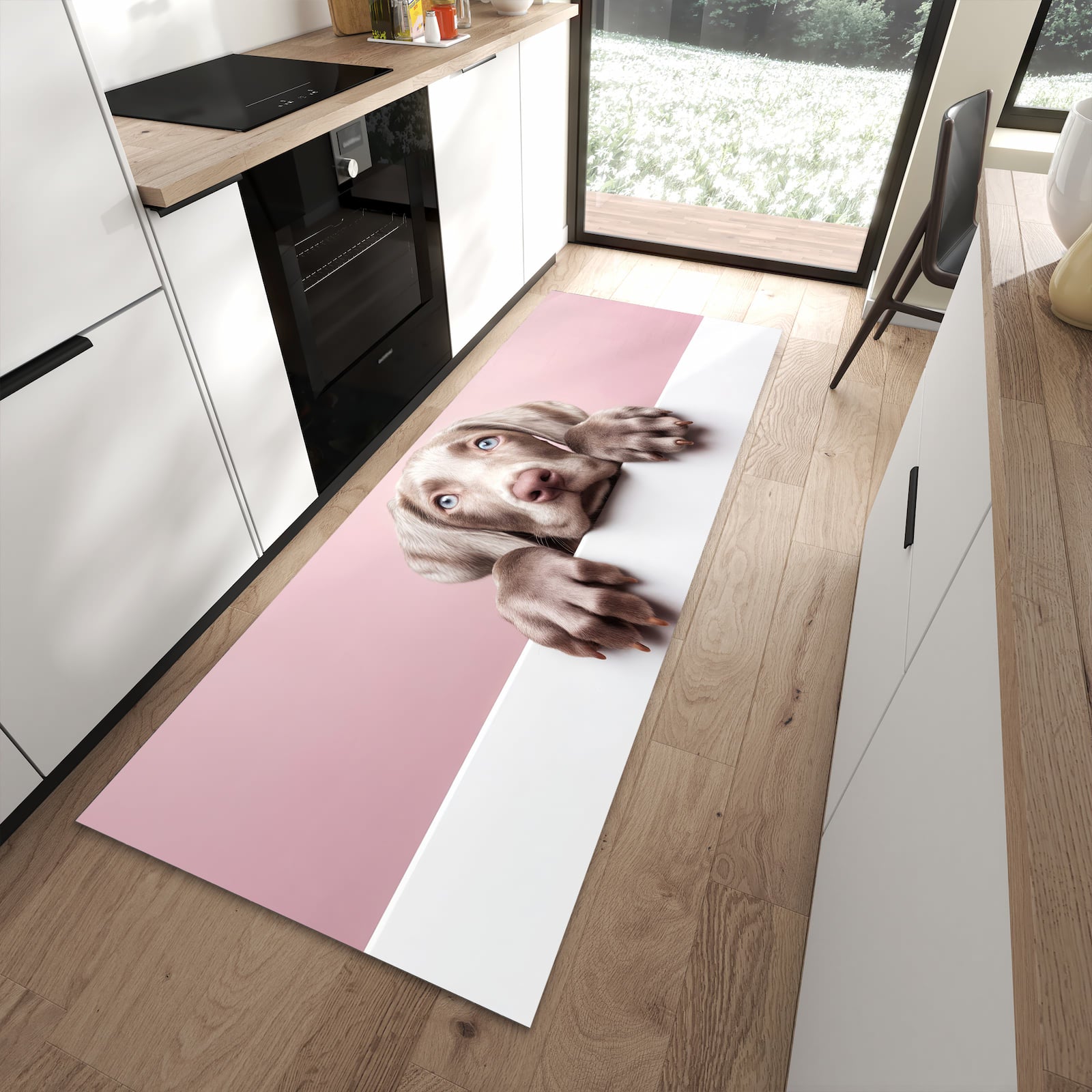 Bodenschonender waschbarer Läufer für die Küche mit Motiv Niedlicher Welpe in moderner Küche