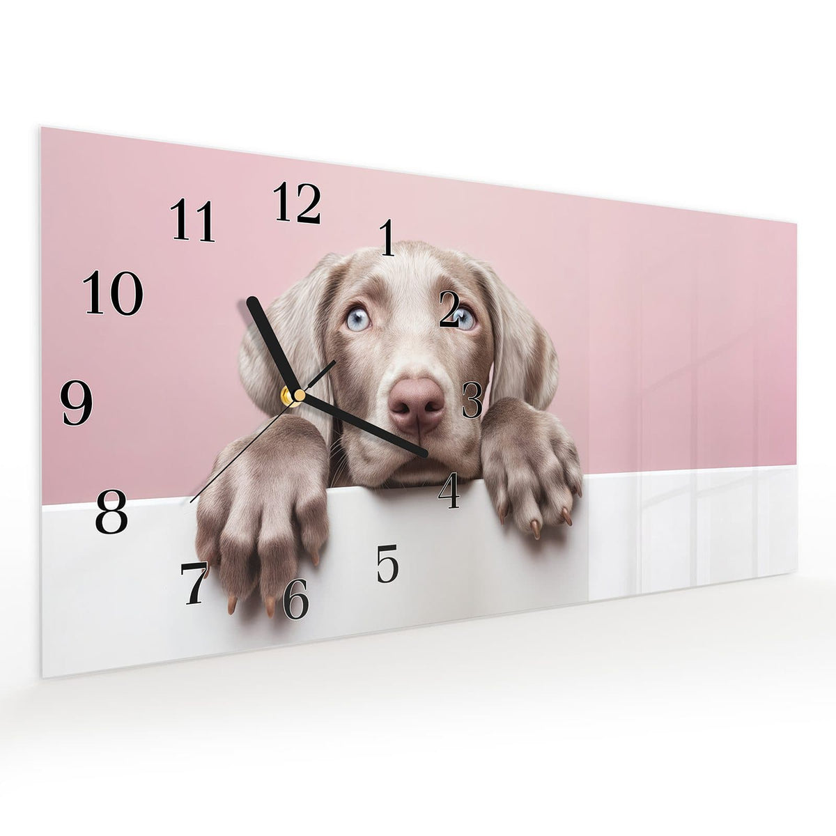 Vormontiert – mit Schwebeeffekt – Wanduhr Niedlicher Welpe aus Glas – Querformat 60 × 30 cm