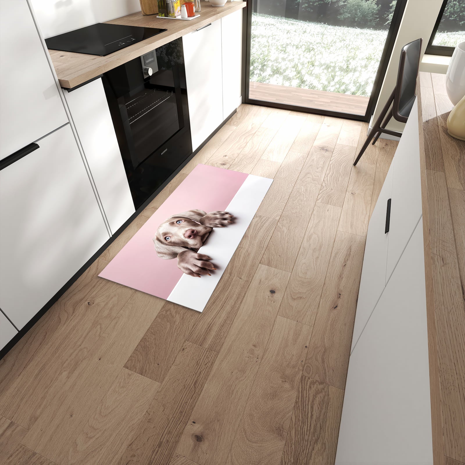 Flacher Küchenteppich mit Motiv Niedlicher Welpe in moderner Küche #grösse_60 x 120 cm