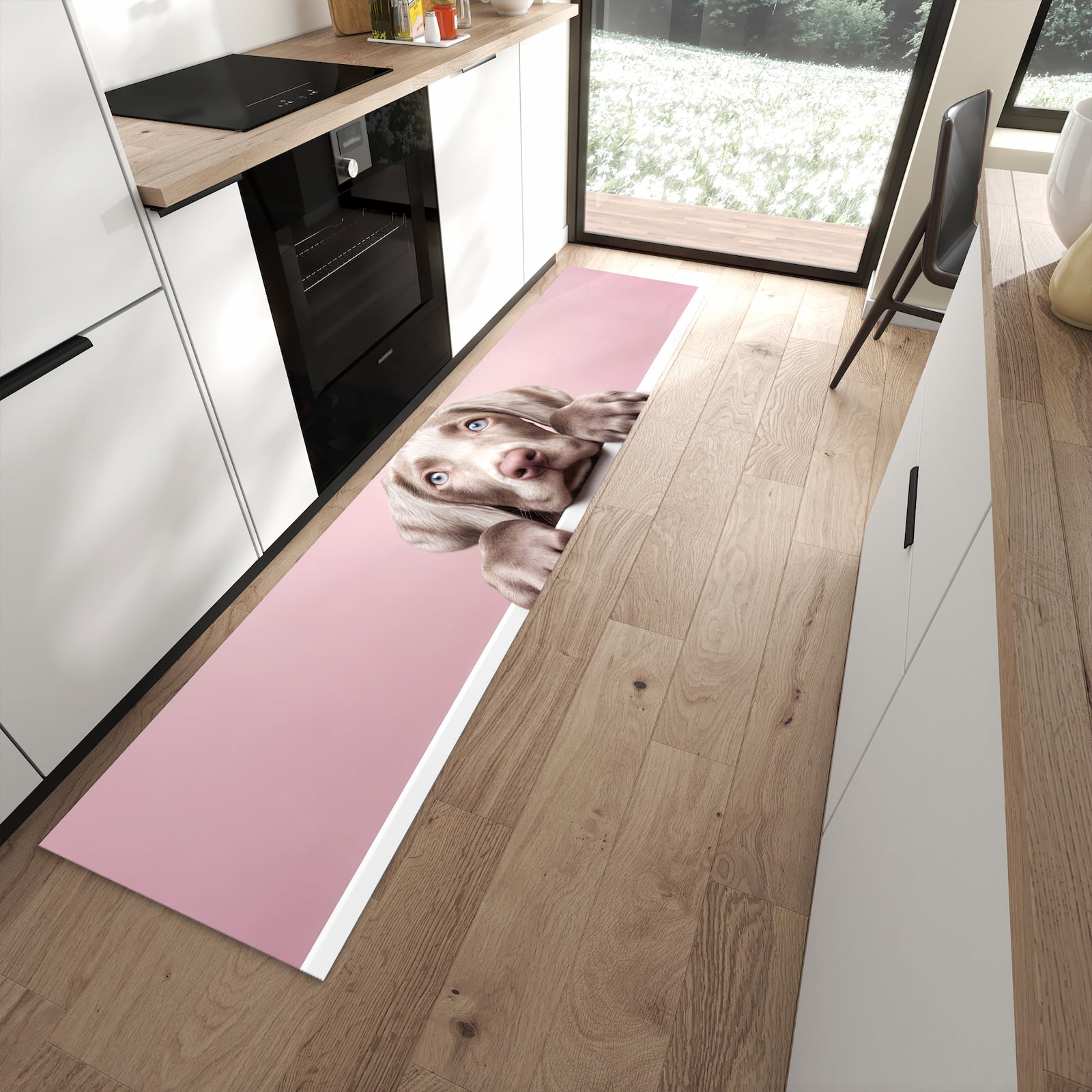 Pflegeleichter Küchenläufer mit Motiv Niedlicher Welpe in moderner Küche