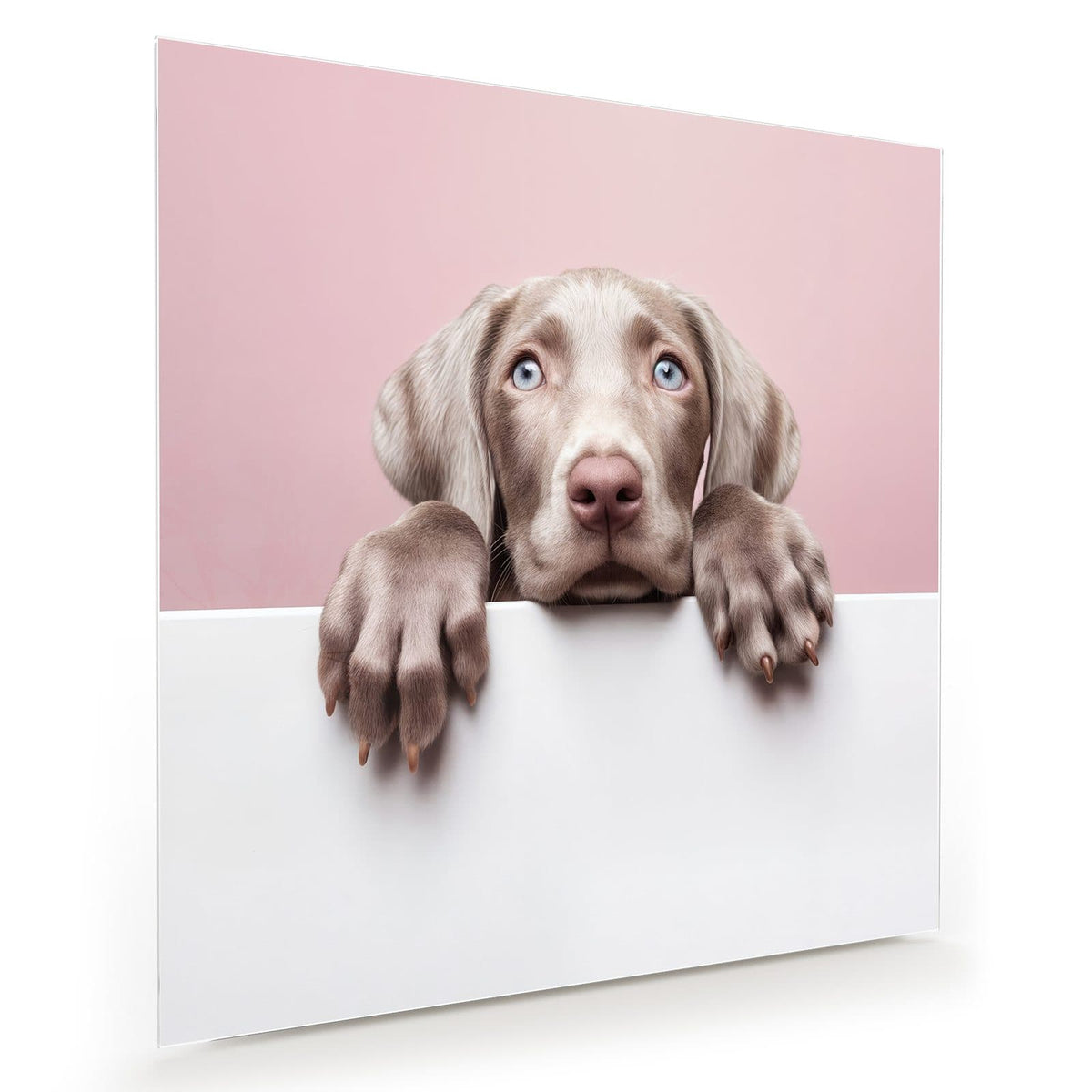 Weimaraner-Welpe mit hellblauen Augen schaut über eine weiße Wand, rosa Hintergrund