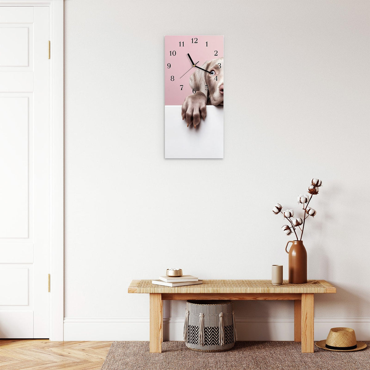 Moderne Wanduhr aus Glas mit Farbtiefe – Wanduhr Niedlicher Welpe aus Glas – Hochformat 30 × 60 cm