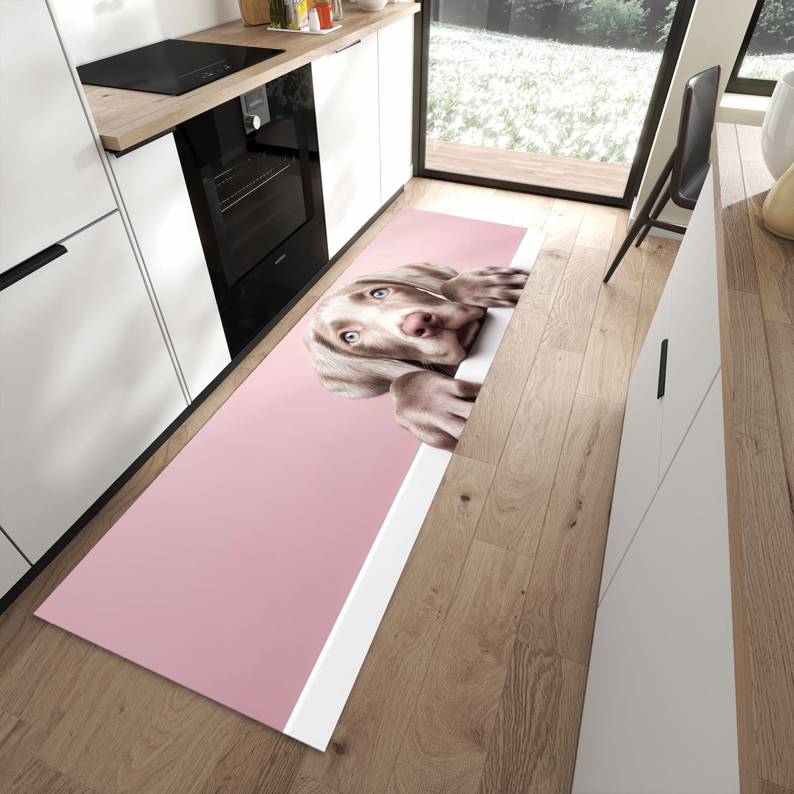 Waschbarer Küchenteppich mit Motiv Niedlicher Welpe in moderner Küche