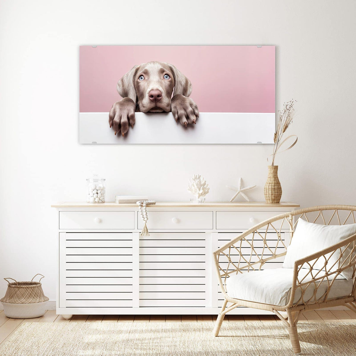 Echtglas, 4 mm – kein Acryl, keine Folie – Wandbild - Weimaraner Welpe - Querformat