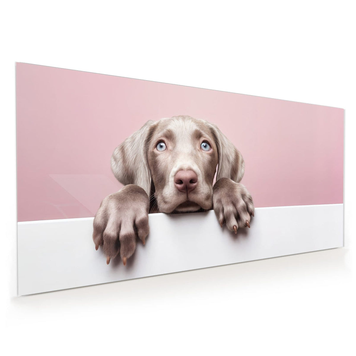 Küchenrückwand aus Glas im Hochformat: Weimaraner-Welpe mit hellblauen Augen schaut über eine weiße Wand, rosa Hintergrund