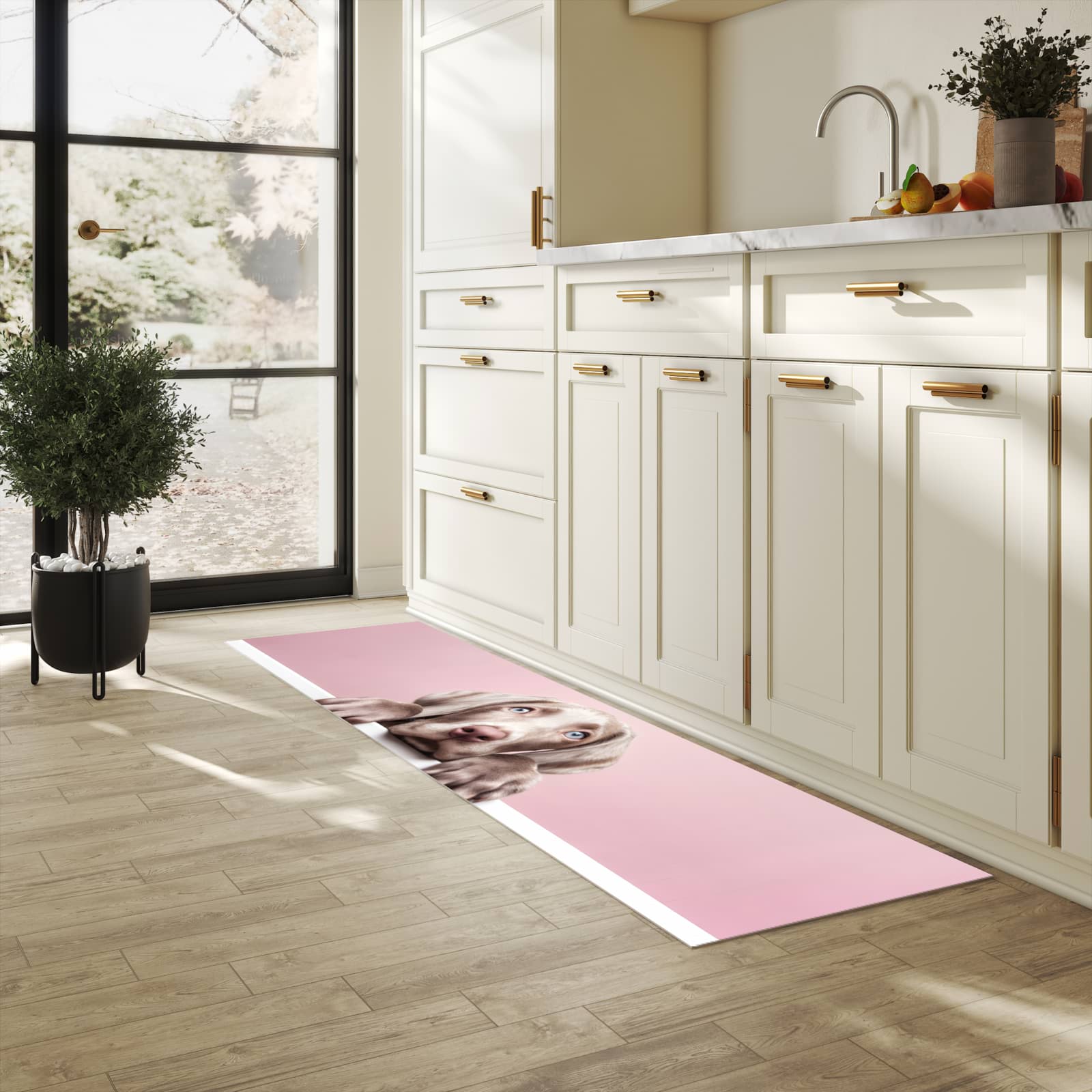 Schmutzabweisender Küchenläufer mit Motiv Niedlicher Welpe in heller Küche