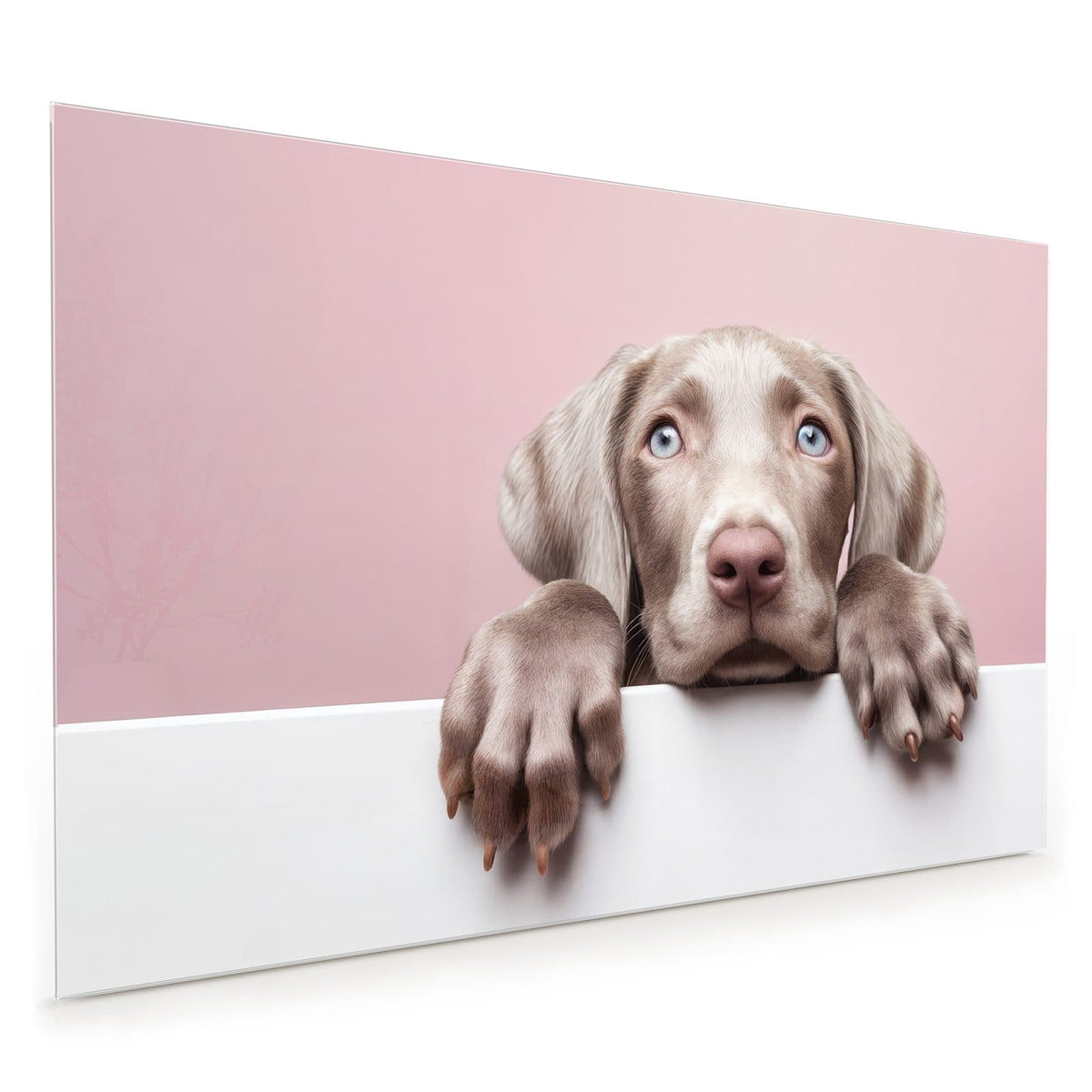 Küchenrückwand aus Glas im Hochformat: Weimaraner-Welpe mit hellblauen Augen schaut über eine weiße Wand, rosa Hintergrund
