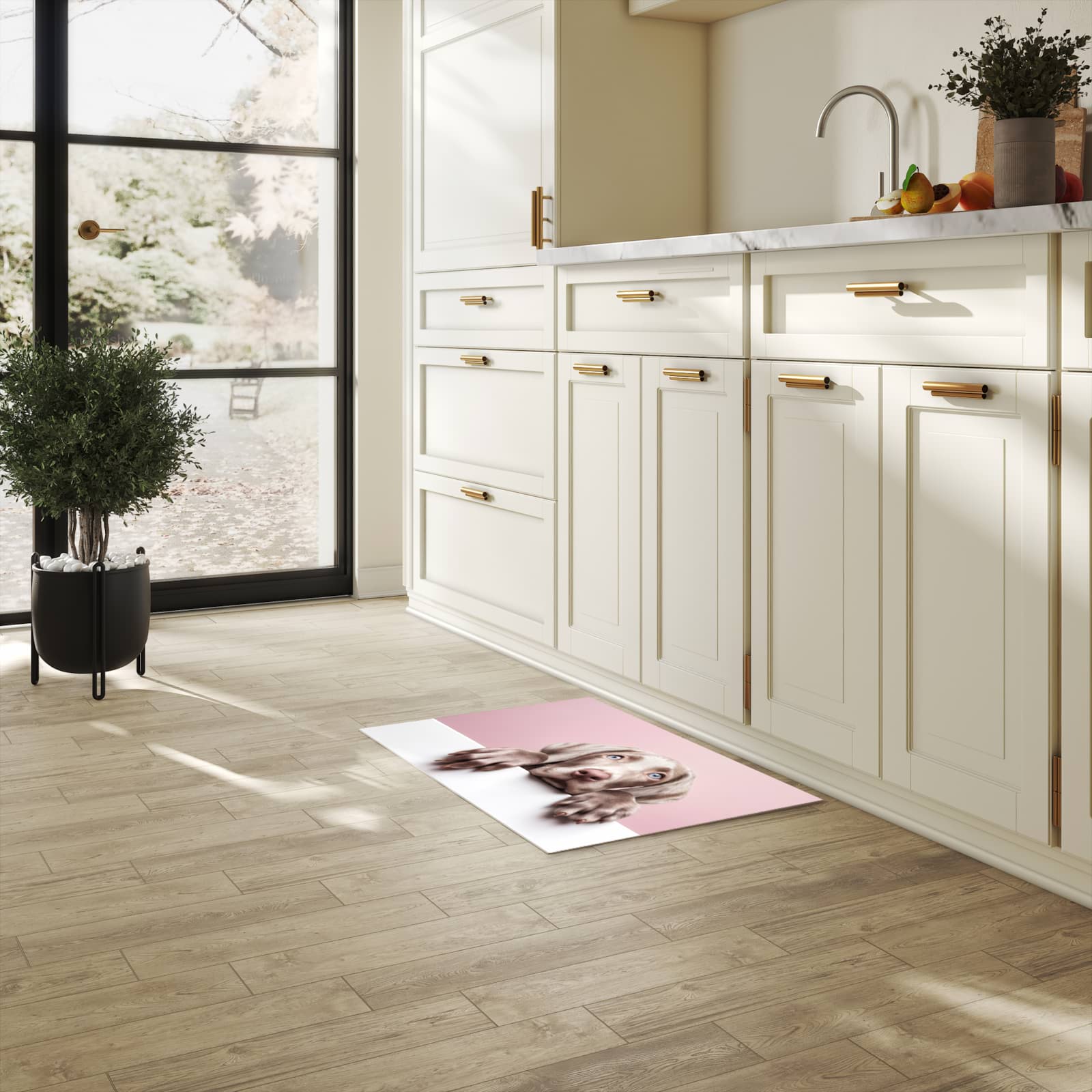 Flacher waschbarer Läufer für die Küche mit Motiv Niedlicher Welpe in heller Küche