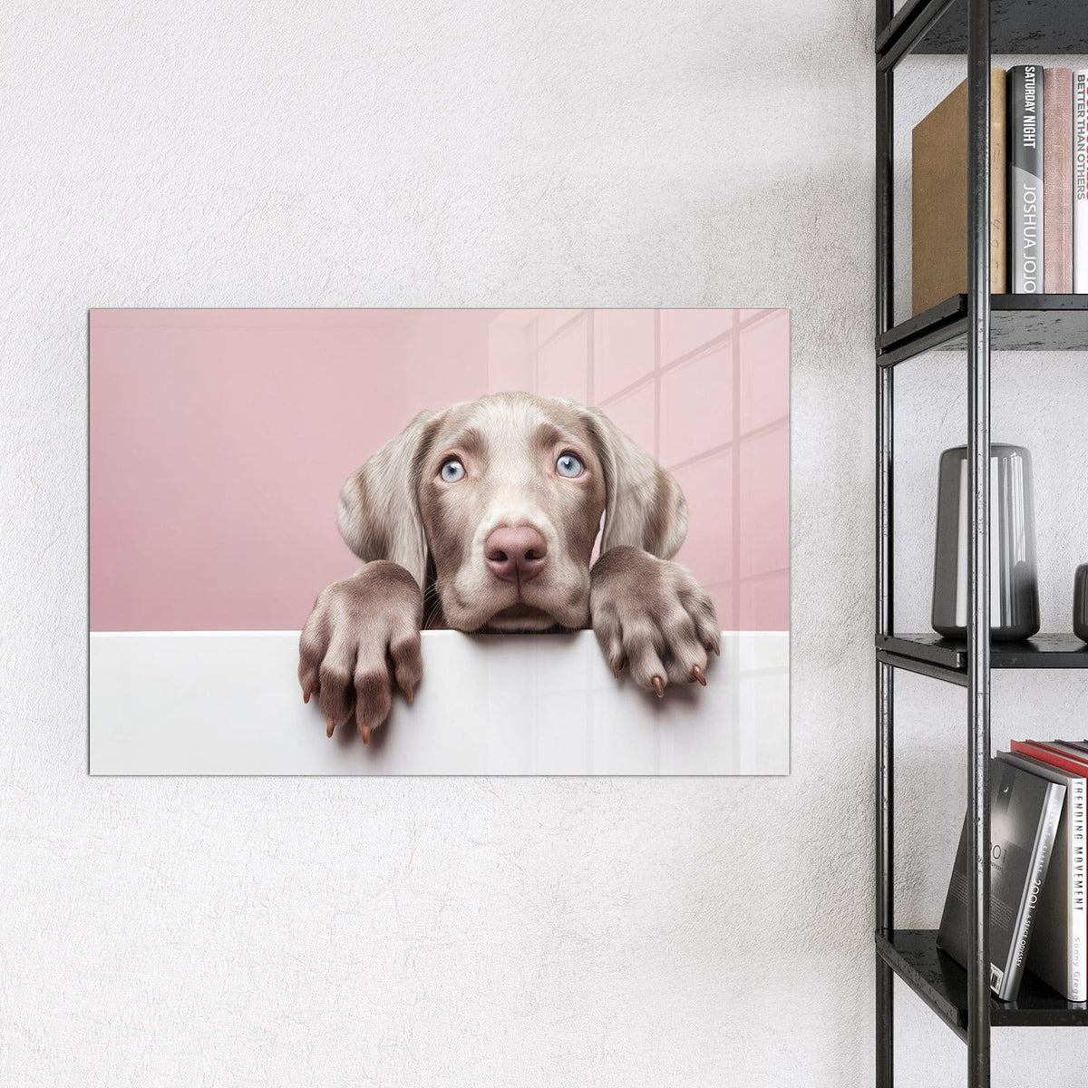 Magnettafel - Weimaraner Welpe – Welpe mit blauen Augen vor Rosa