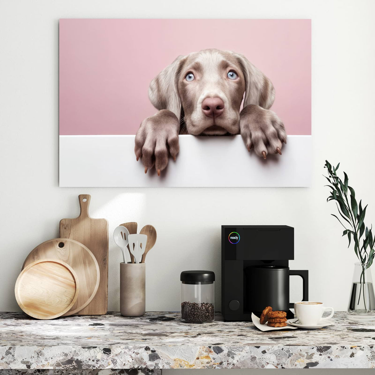 Metall Magnettafel - Weimaraner Welpe – Welpe mit blauen Augen vor Rosa