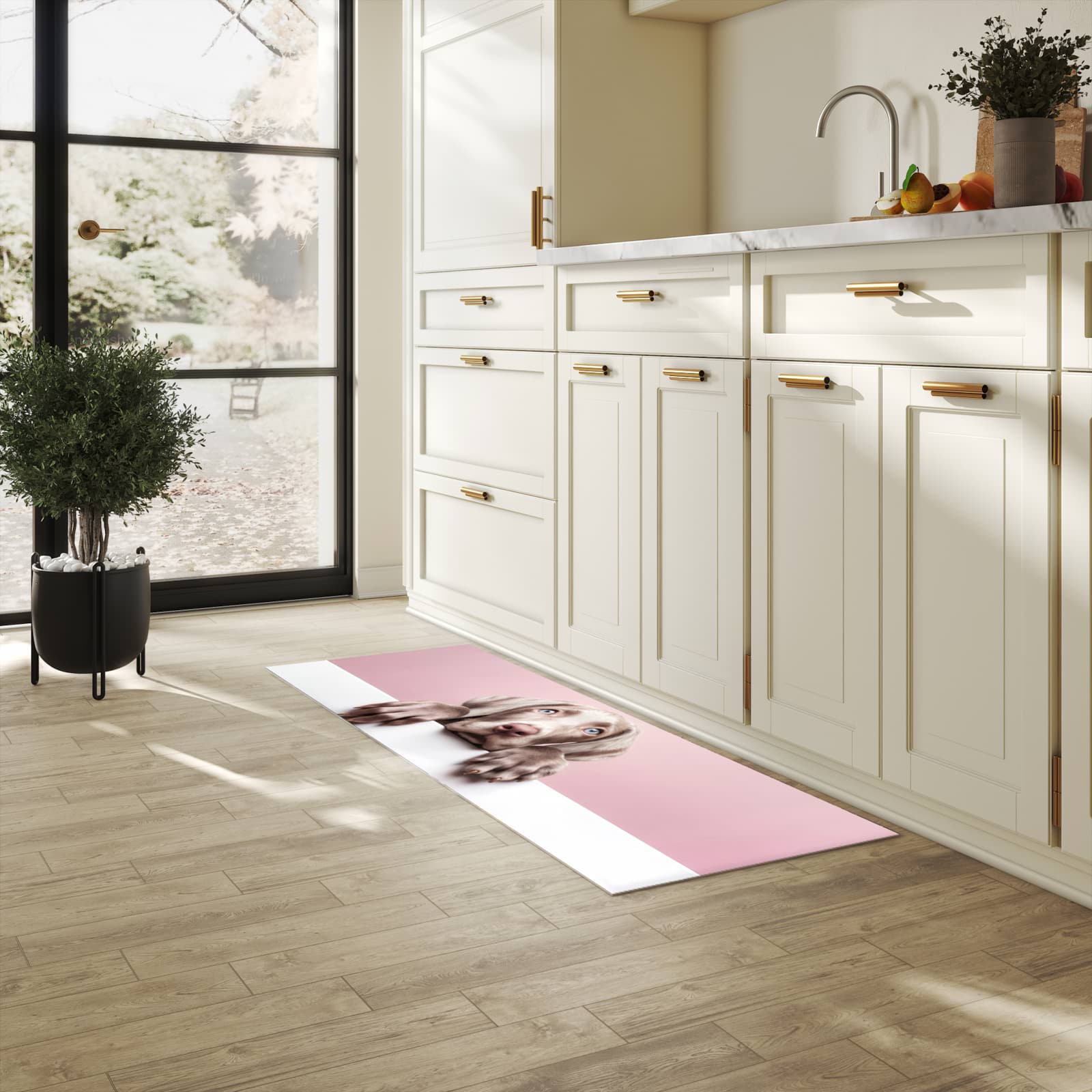 Fleckenresistenter waschbarer Teppich Küche mit Motiv Niedlicher Welpe in heller Küche