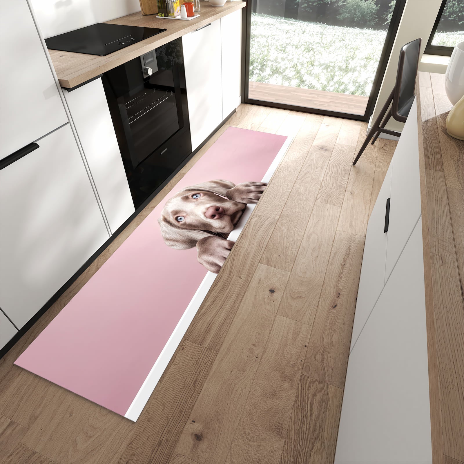Rutschfester Küchenläufer mit Motiv Niedlicher Welpe in moderner Küche