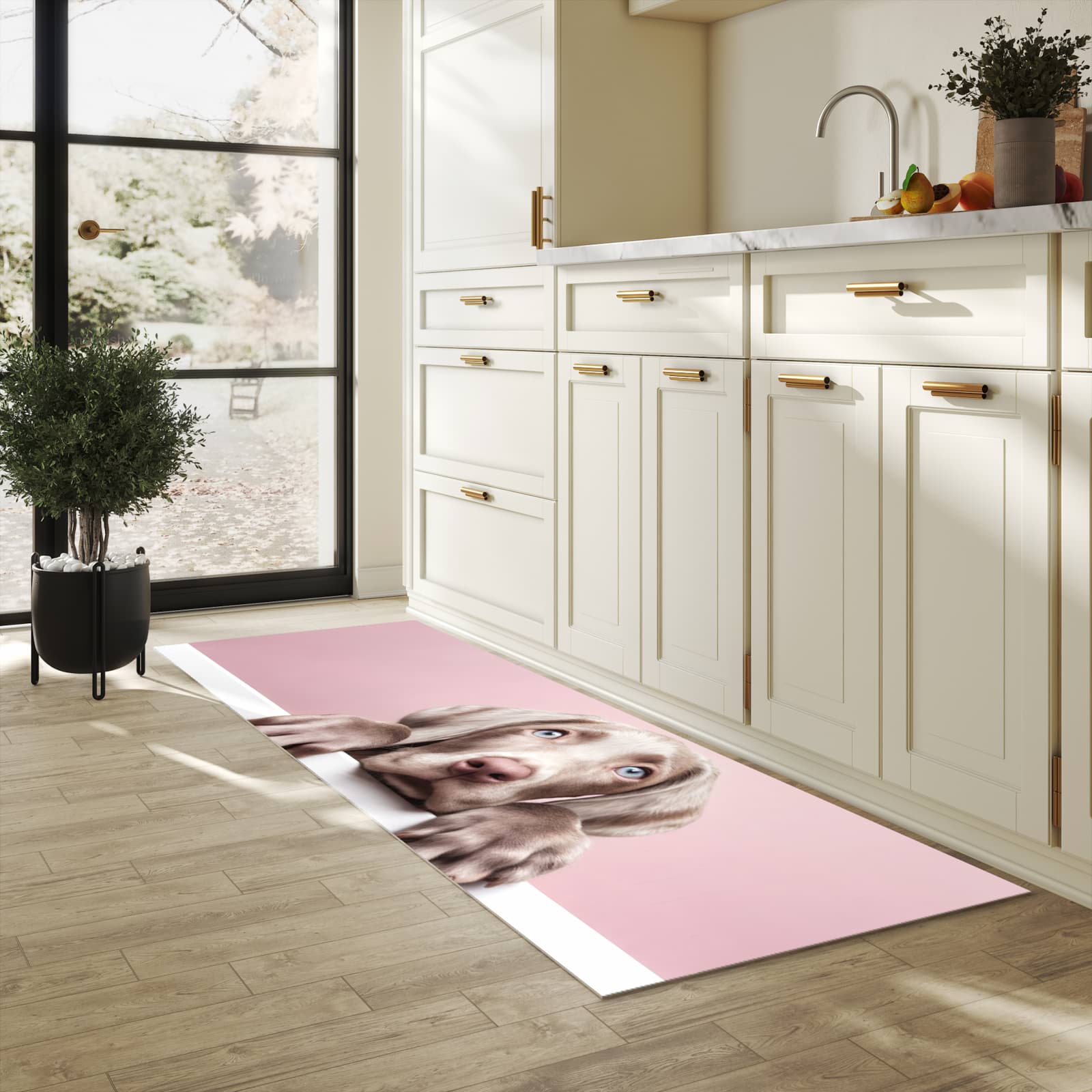 Komfortabler langer Teppich mit Motiv Niedlicher Welpe in heller Küche