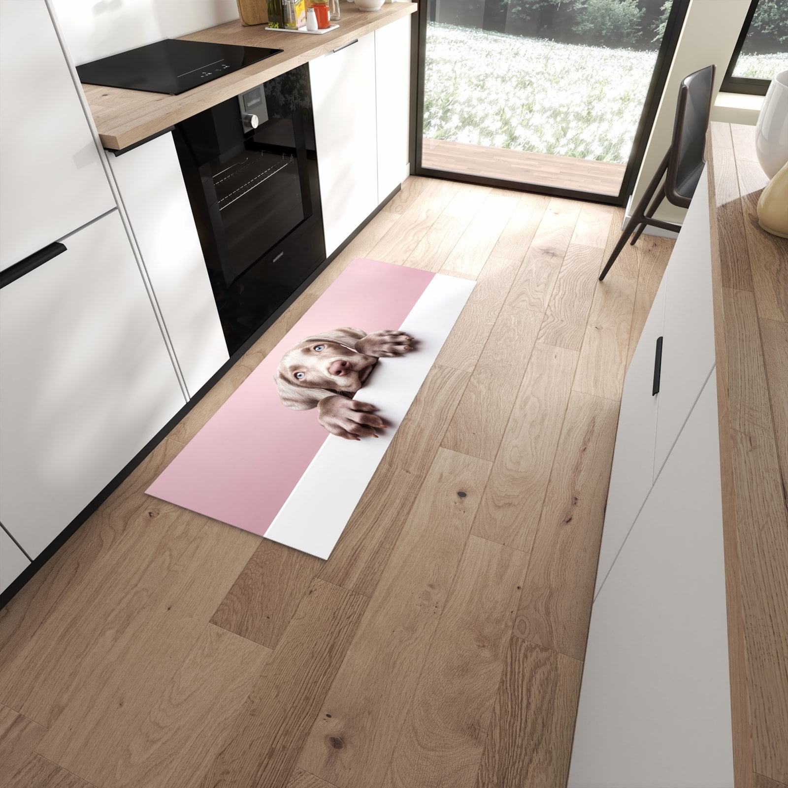 Pflegeleichter Küchenteppich mit Motiv Niedlicher Welpe in moderner Küche #grösse_60 x 150 cm