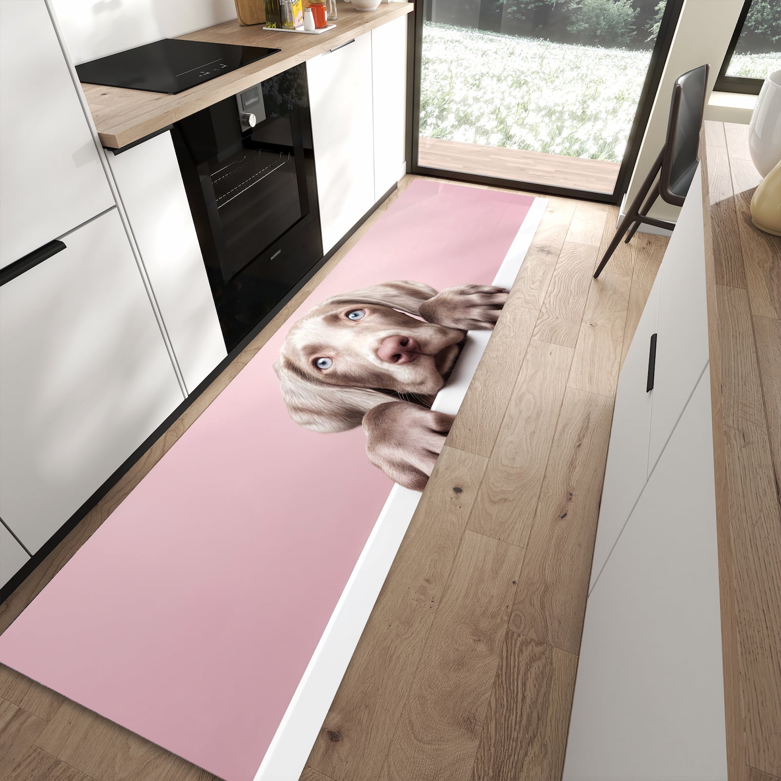 Rutschfester Küchenläufer mit Motiv Niedlicher Welpe in moderner Küche