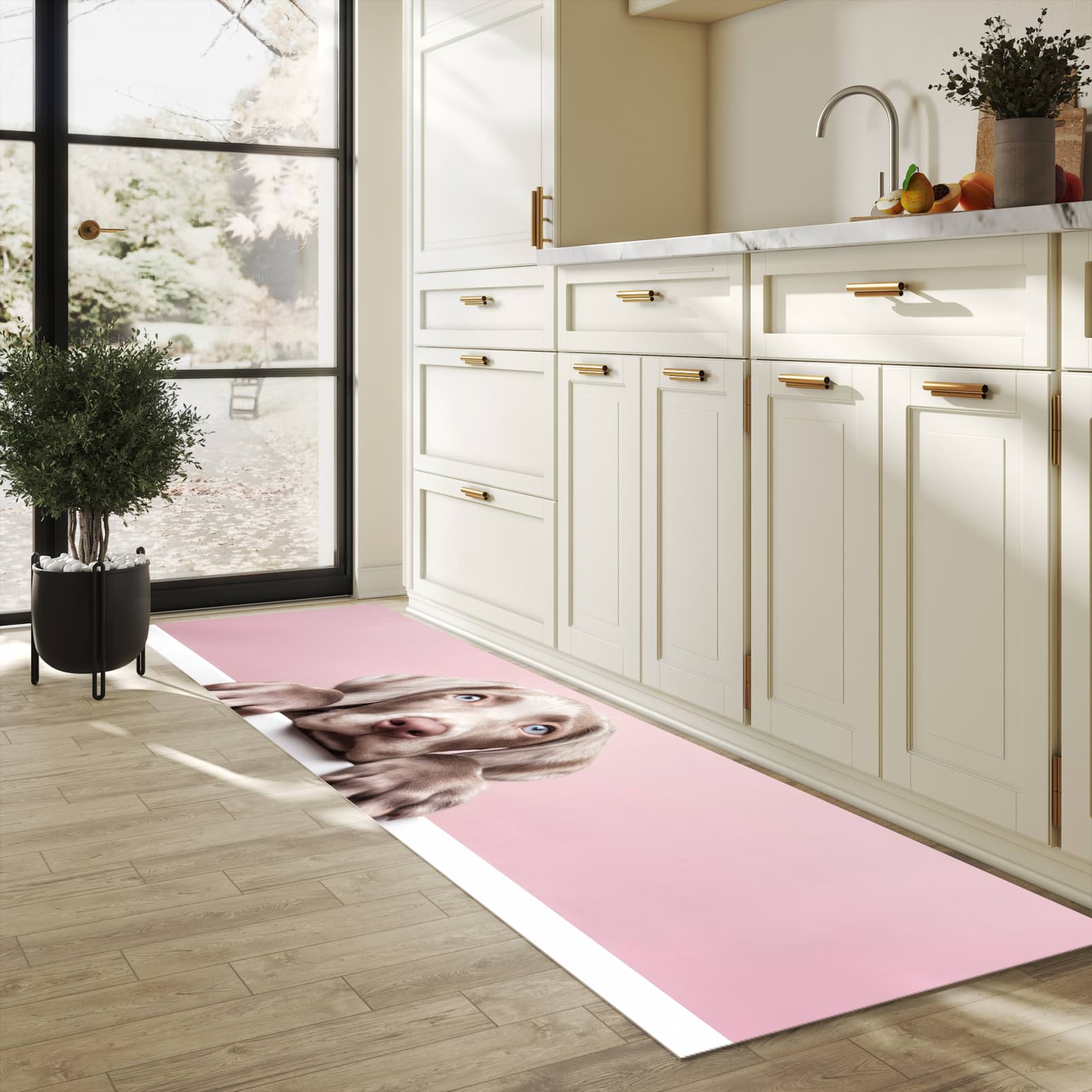 Pflegeleichter Läufer mit Motiv Niedlicher Welpe in heller Küche für einfache Reinigung