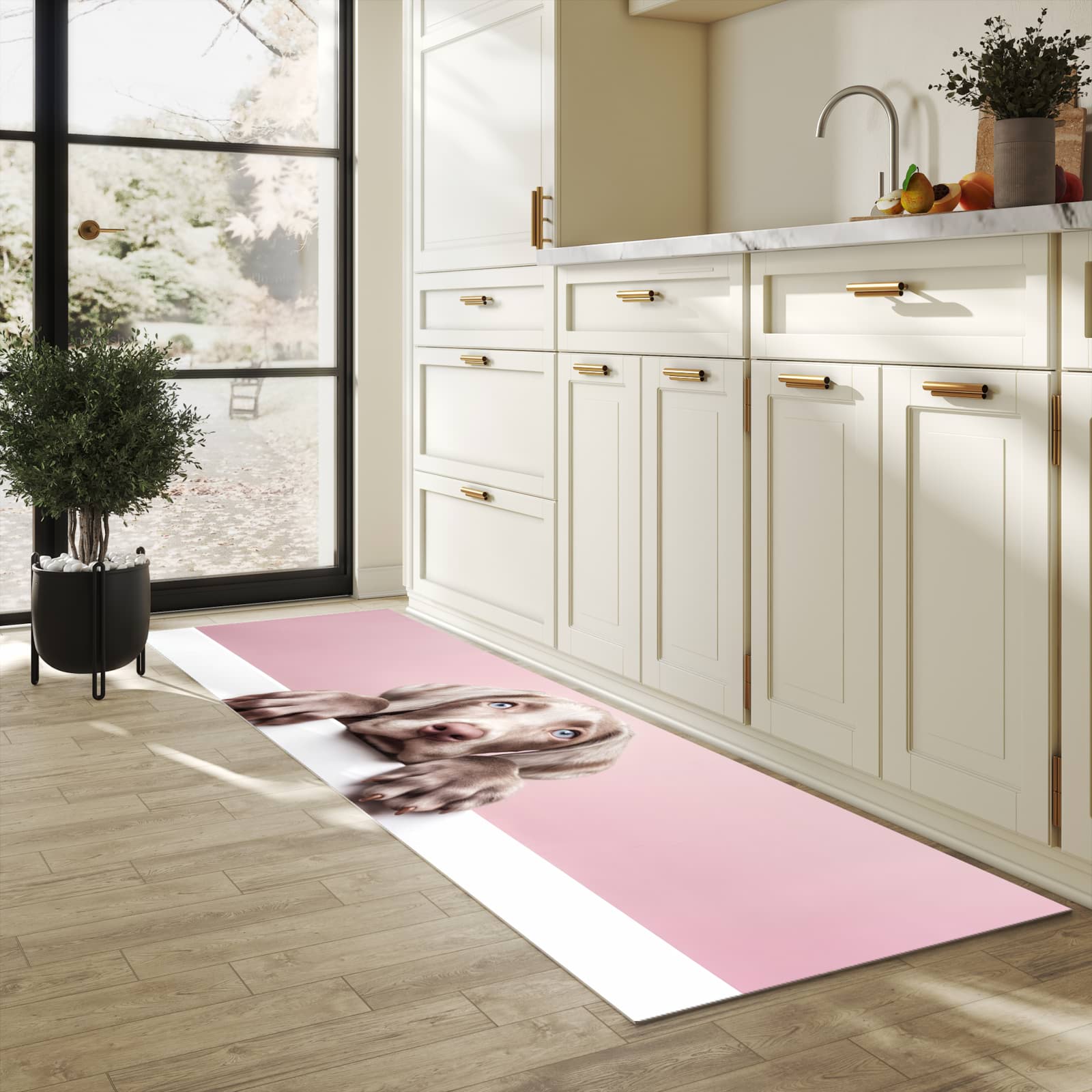 Rutschfester Läufer mit Motiv Niedlicher Welpe für Eingangsbereich in heller Küche