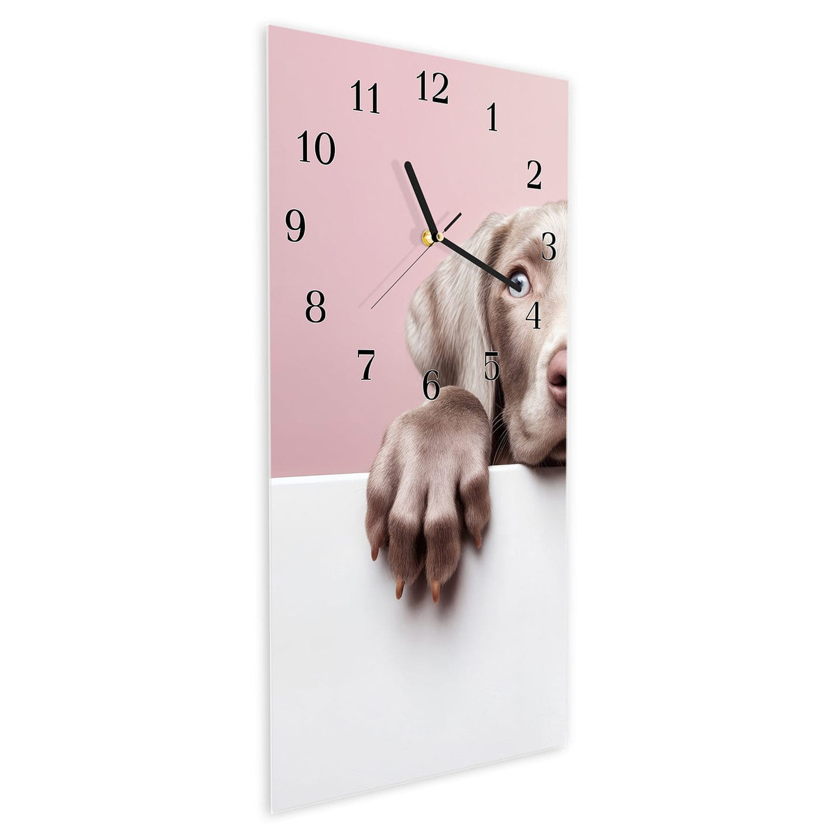 Vormontiert – mit Schwebeeffekt – Wanduhr Niedlicher Welpe aus Glas – Hochformat 30 × 60 cm