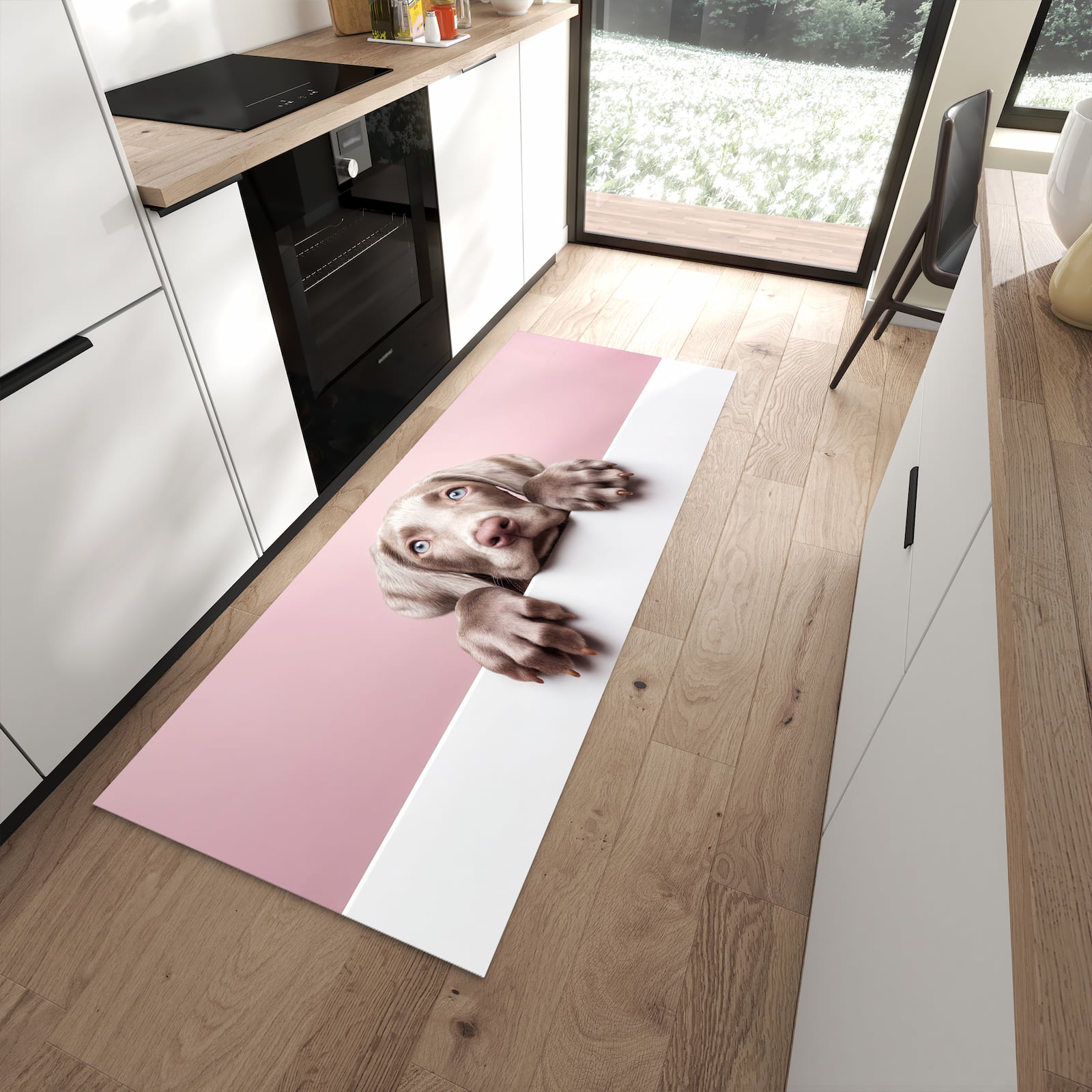 Strapazierfähiger Küchenvorleger mit Motiv Niedlicher Welpe in moderner Küche