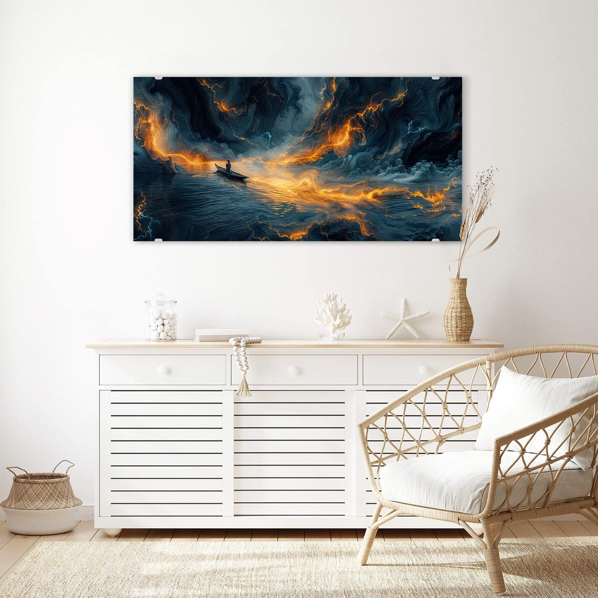 Echtglas, 4 mm – kein Acryl, keine Folie – Wandbild - Ruderboot im Feuermeer - Querformat