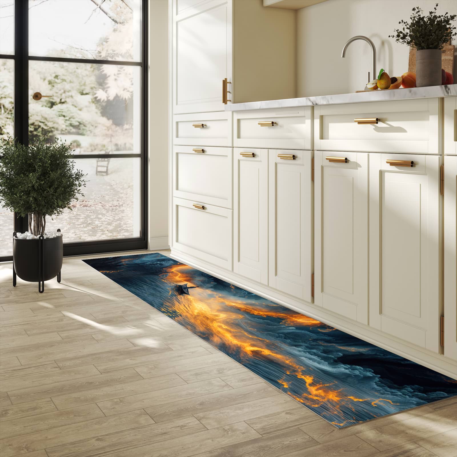 Küchenteppich mit Motiv Feuer und Wasser für angenehme Haptik in heller Küche