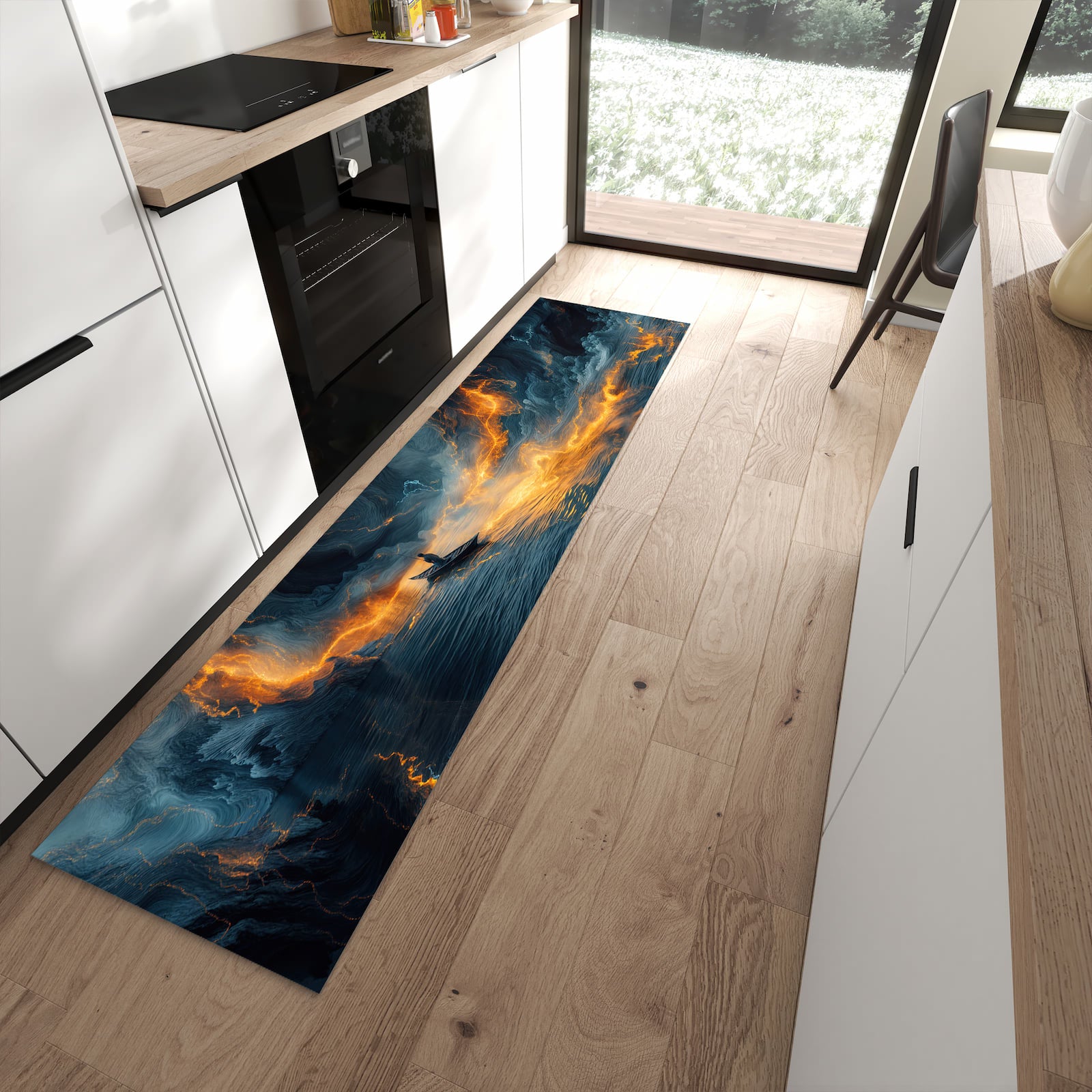 Zeitsparender Küchenläufer nach Maß mit Motiv Feuer und Wasser in moderner Küche