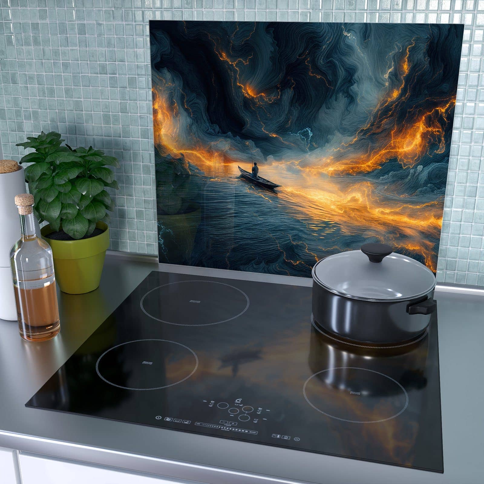 1-teilige Abdeckplatten für Herd mit Feuer und Wasser-Motiv als Spritzschutz hinter dem Kochfeld