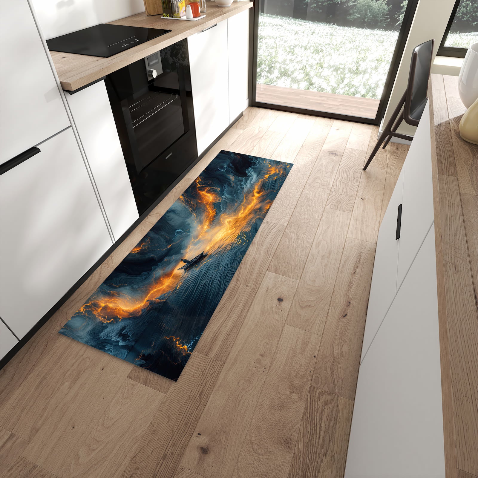 Sicherer Küchenläufer mit Motiv Feuer und Wasser in moderner Küche