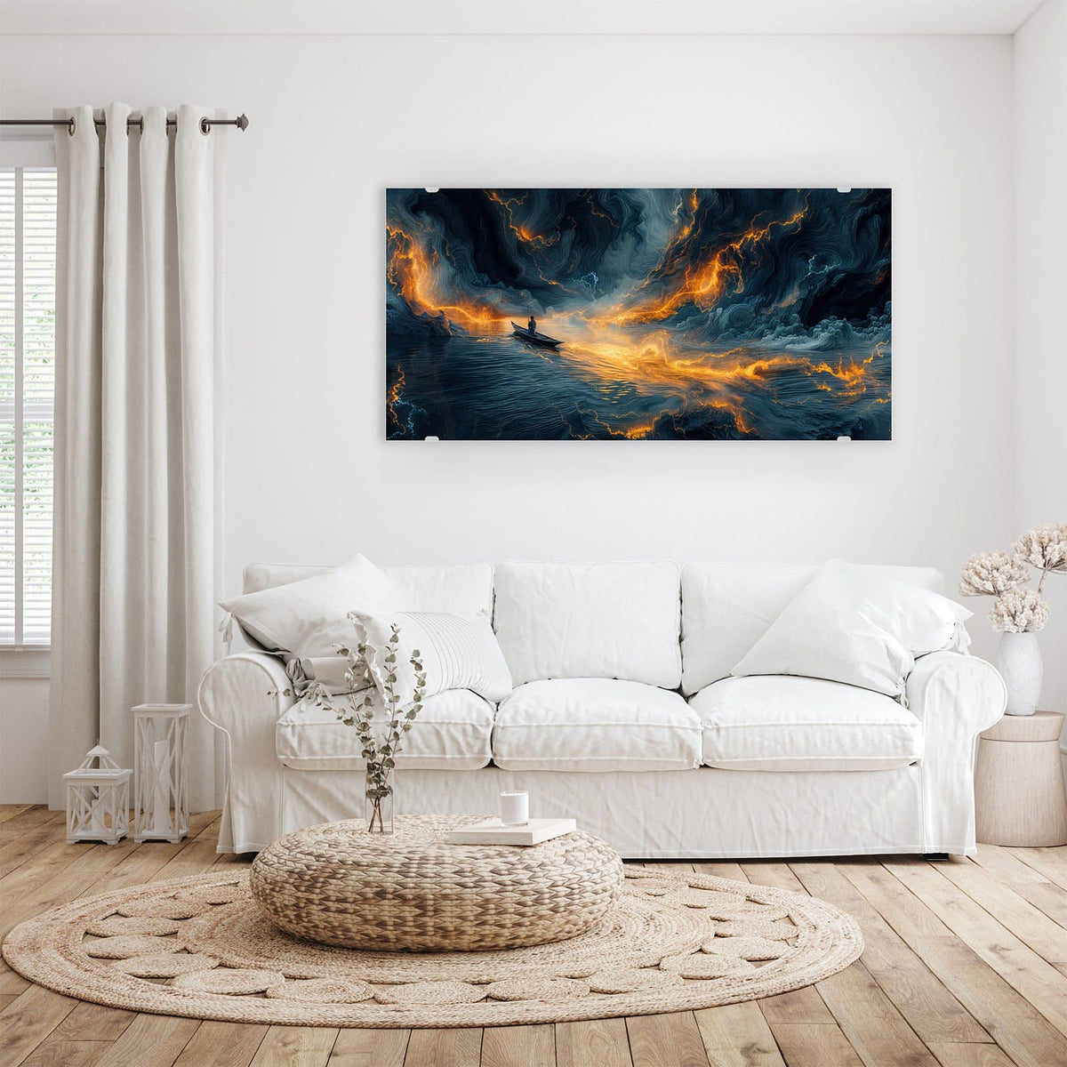 Wandbild - Ruderboot im Feuermeer - Querformat – Ruderboot zwischen Lava und Meer