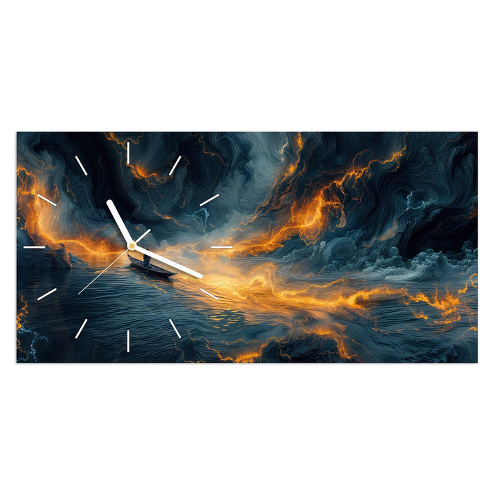 Wanduhr Feuer und Wasser aus Glas – Querformat 60 × 30 cm mit Ziffernblatt Linie