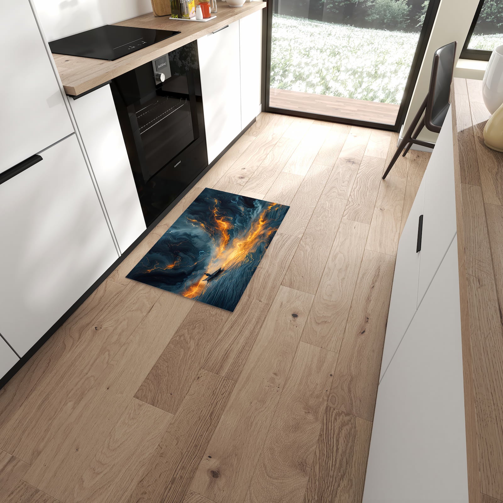 UV-beständiger abwaschbarer Küchenläufer mit Motiv Feuer und Wasser in moderner Küche