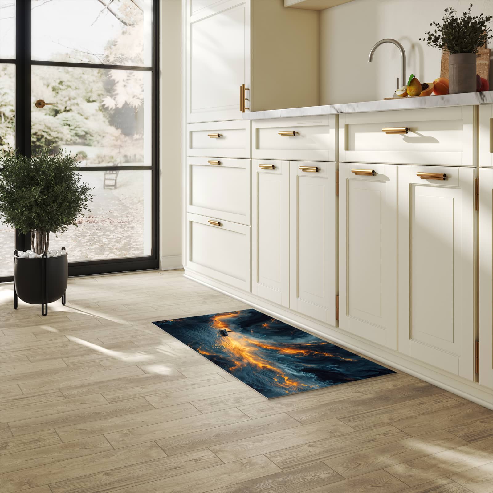 Flacher moderner Küchenläufer mit Motiv Feuer und Wasser in heller Küche