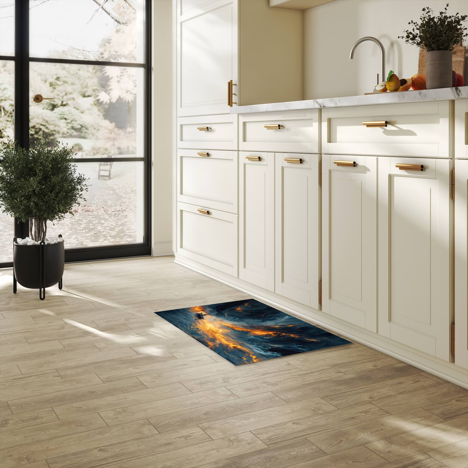 Hygienischer Küchenteppich mit Motiv Feuer und Wasser in heller Küche