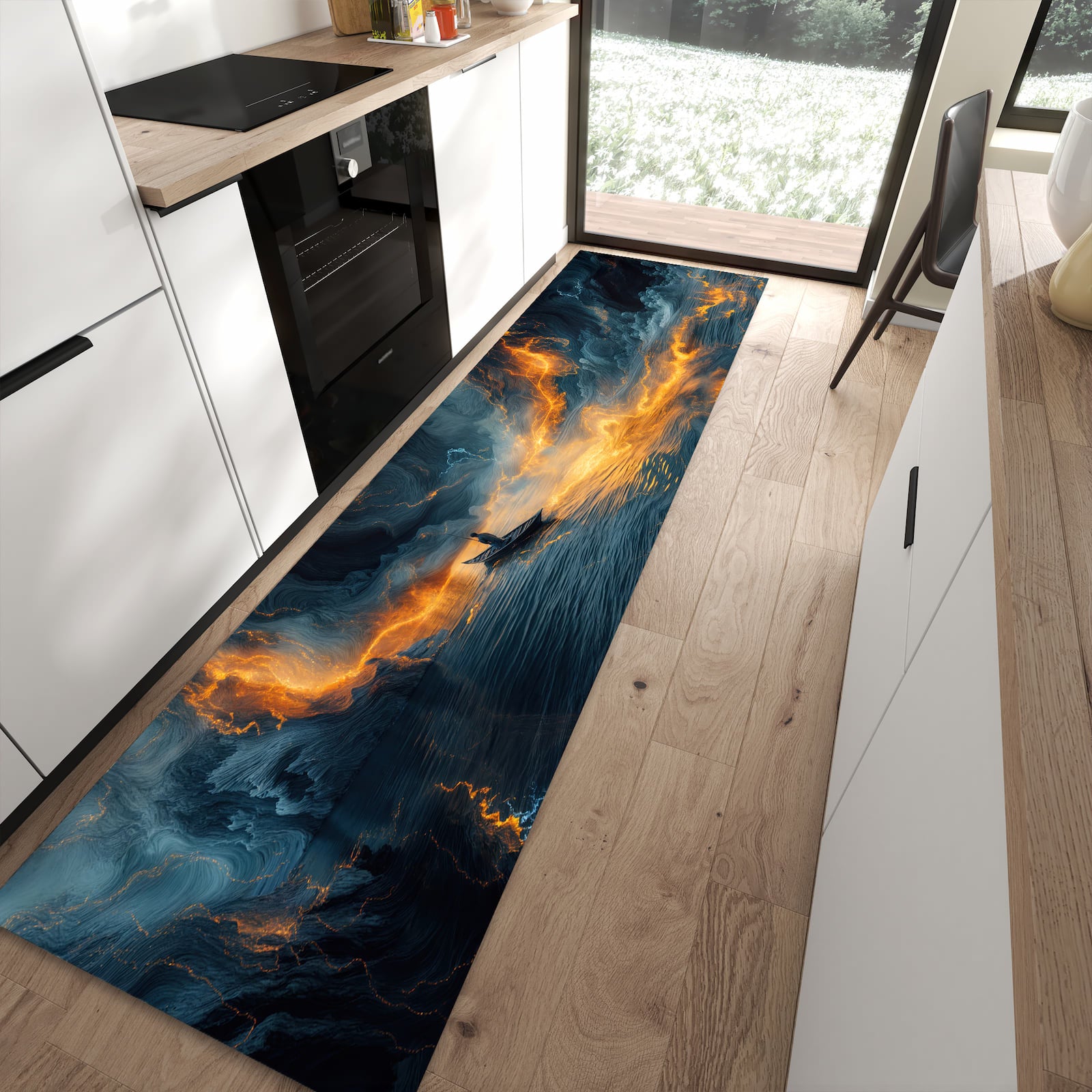 Schmutzabweisender Küchenteppich mit Motiv Feuer und Wasser in moderner Küche