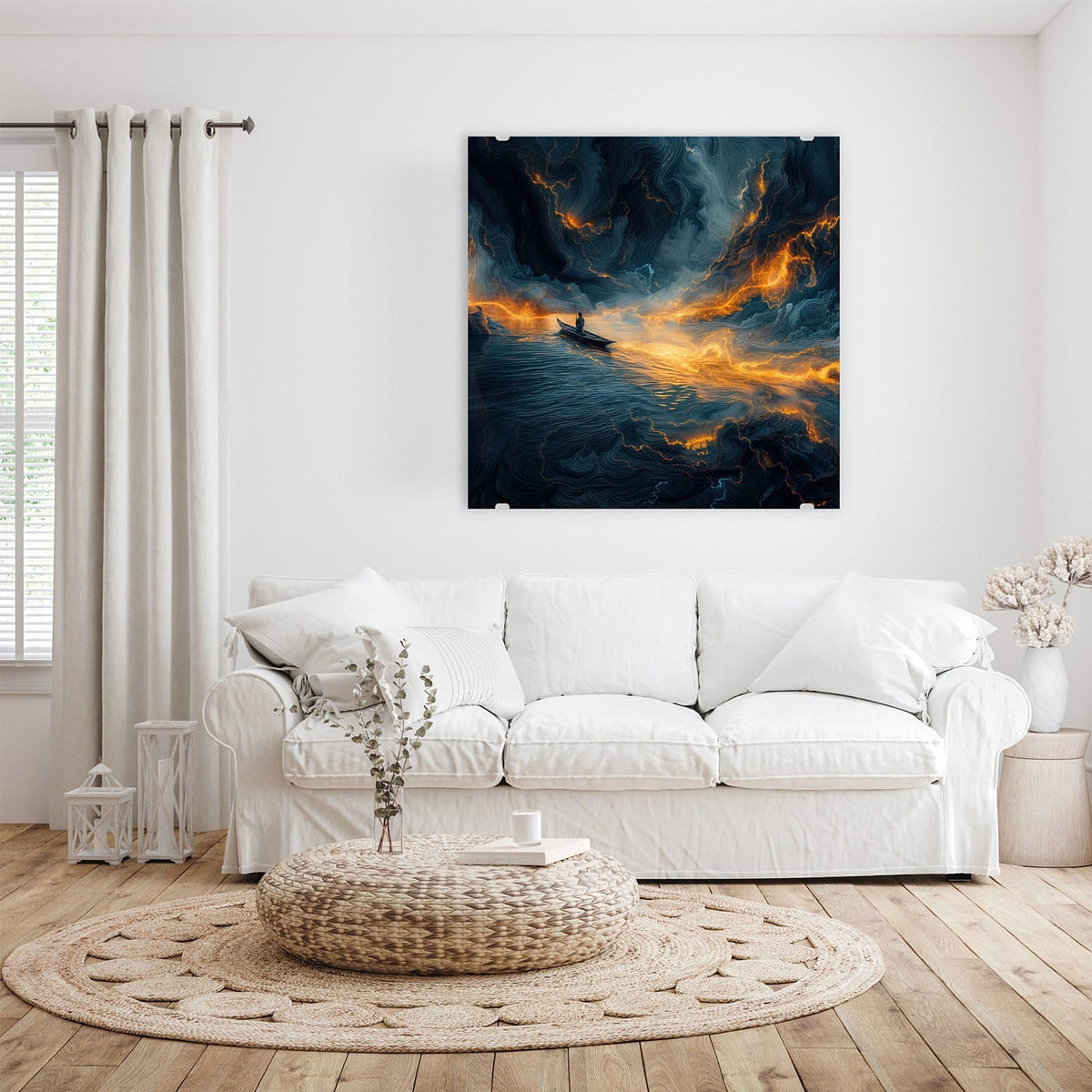 Glasbild Ruderboot im Feuermeer an der Wand – Ruderboot mit stehender Person auf dunklem Wasser, glutorange leuchtende Lavaströme in Wasser und Himmel