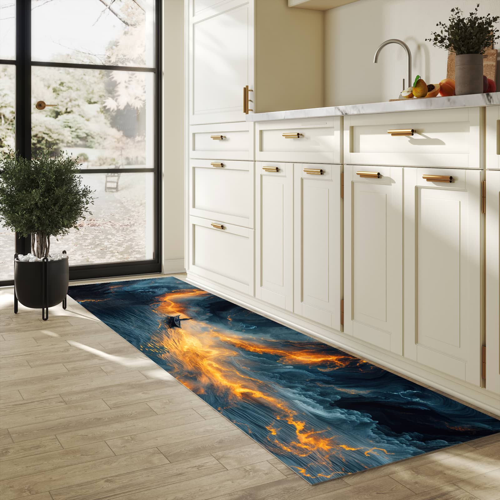 Rutschfester Küchenteppich mit Motiv Feuer und Wasser in heller Küche