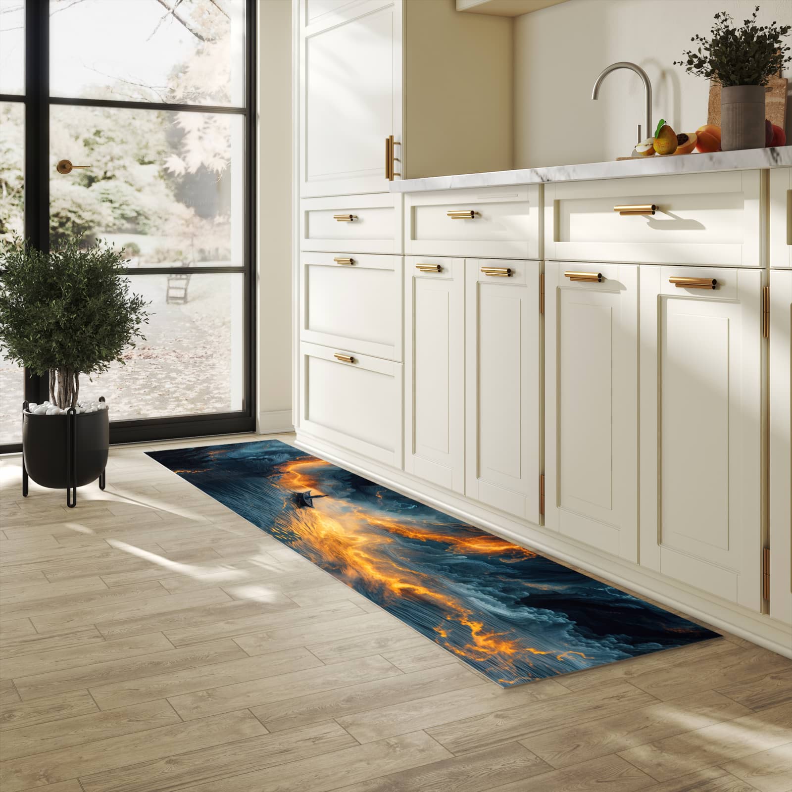 Pflegeleichter Küchenteppich mit Motiv Feuer und Wasser in heller Küche