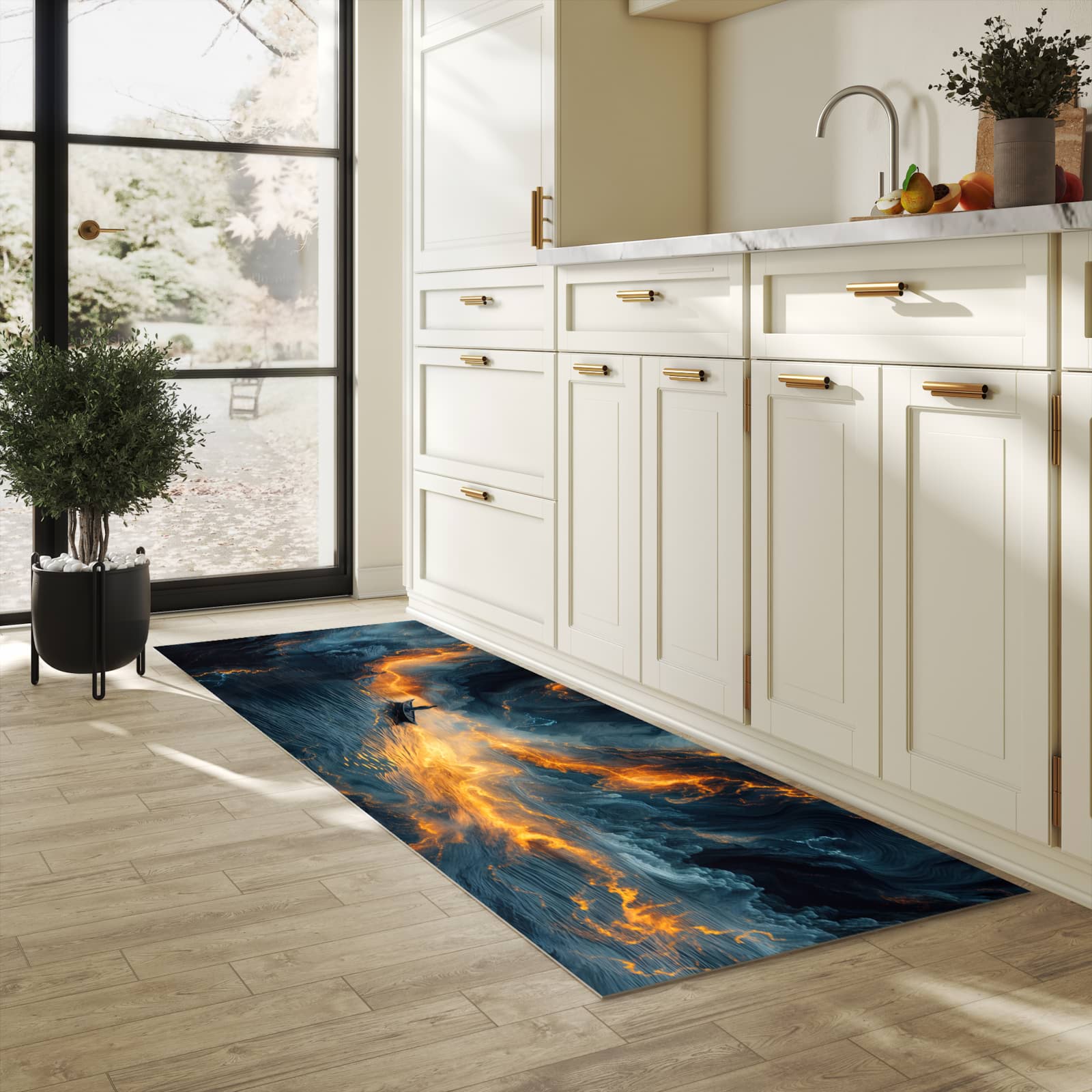 Waschbarer Küchenteppich mit Motiv Feuer und Wasser in heller Küche